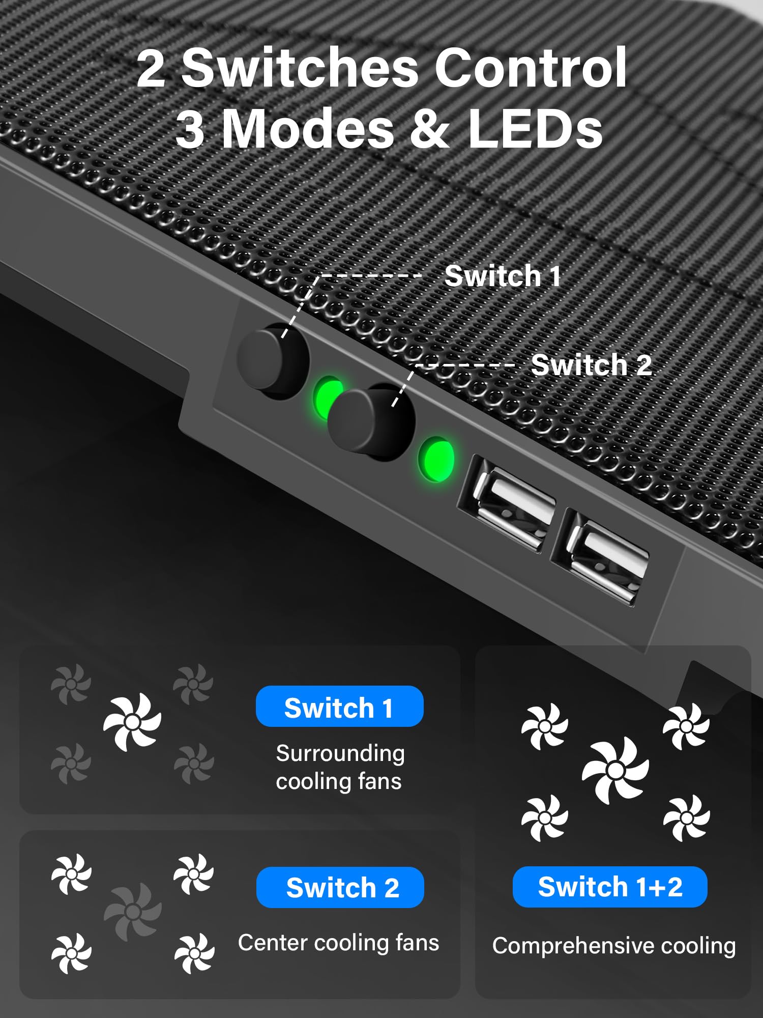 Kootek Almohadilla de refrigeración para laptop, enfriador de laptop con 5 ventiladores silenciosos para computadora de 12 a 17 pulgadas, ventilador de computadora portátil para juegos, soporte de