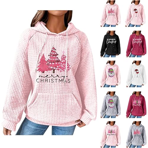 Womens Christmas Sweatshirt Christmas Tree Printed Waffle Hoodie Loose Fit Long Sleeve Crew Neck Pullover Tops