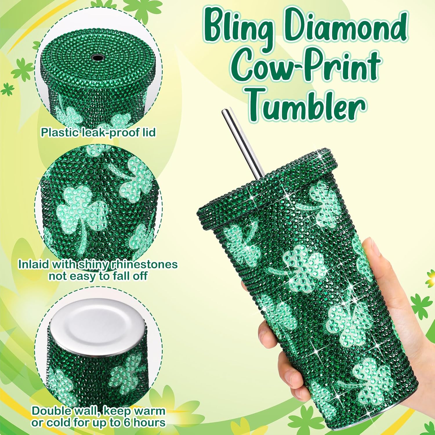 Domensi 17 oz Bling Diamond Tumbler Shamrock Print Rhinestone Cup Vacuum Insulated Mug for Women Girl Friend St Patricks Day Birthday Teacher Appreciation Gift (Adorable Shamrock) - Image 3