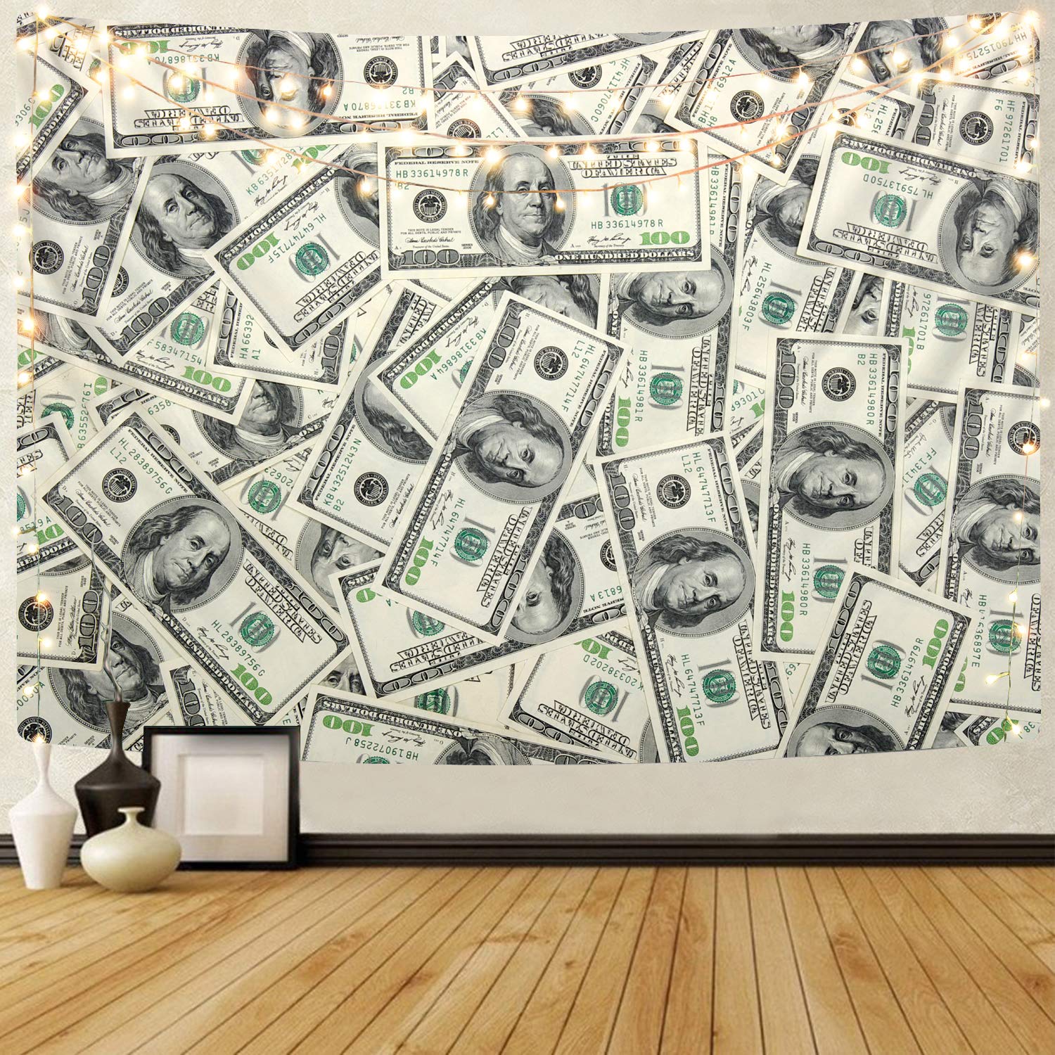 KYKU Money Tapestry Wall Hanging Pale Green Grey Benjamin Franklin 100 Dollar Bill Tapestry for Bedroom Living Room Dorm Decor (W59.1" × H51.2", Pale Green Grey)