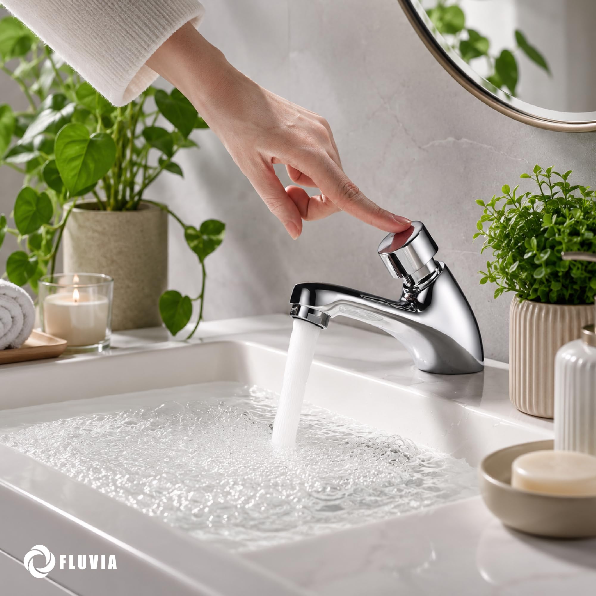 Rubinetto temporizzato per lavabo con pulsante cromato con chiusura automatica e cartuccia in ottone, nebulizzatore anti-spruzzo, filtro impurità, risparmio idrico, per bagno pubblico FLUVIA