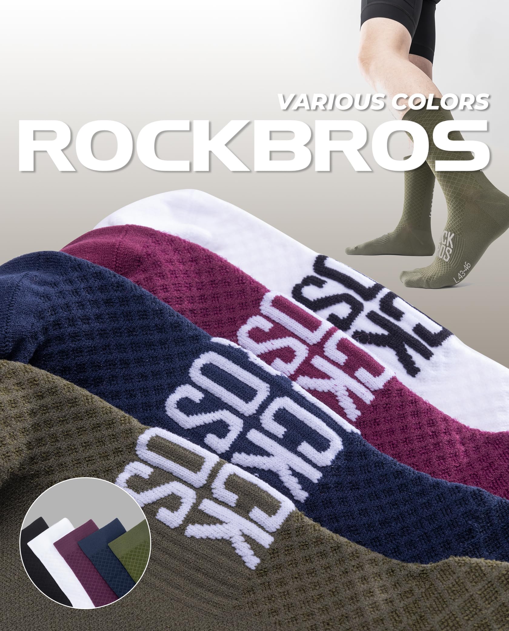 ROCKBROS Road to Sky Fahrradsocken, Sportsocken Atmungsaktive Baumwolle, Lange Laufsocken Herren Damen, Rutschfeste Socken für Rennrad Mountainbike Mehrfarbig S-L