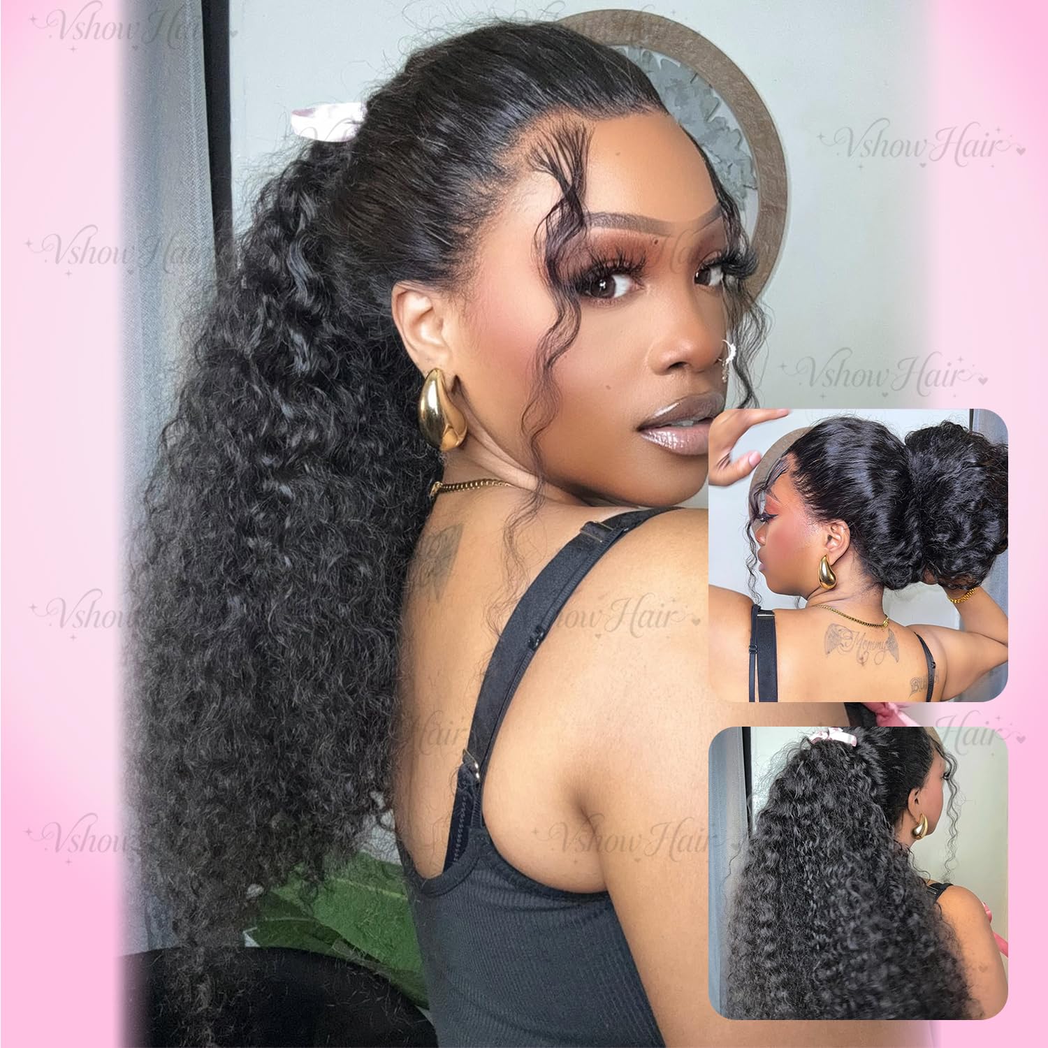 V SHOW Hidden Strap 360 Lace Front wig Human Hair with Water wave Glueless Wig Pre Plucked Pre Cut & Bleached Knots Invisible Drawstring 180% Density Brazilian Virgin Hair 20 Inch