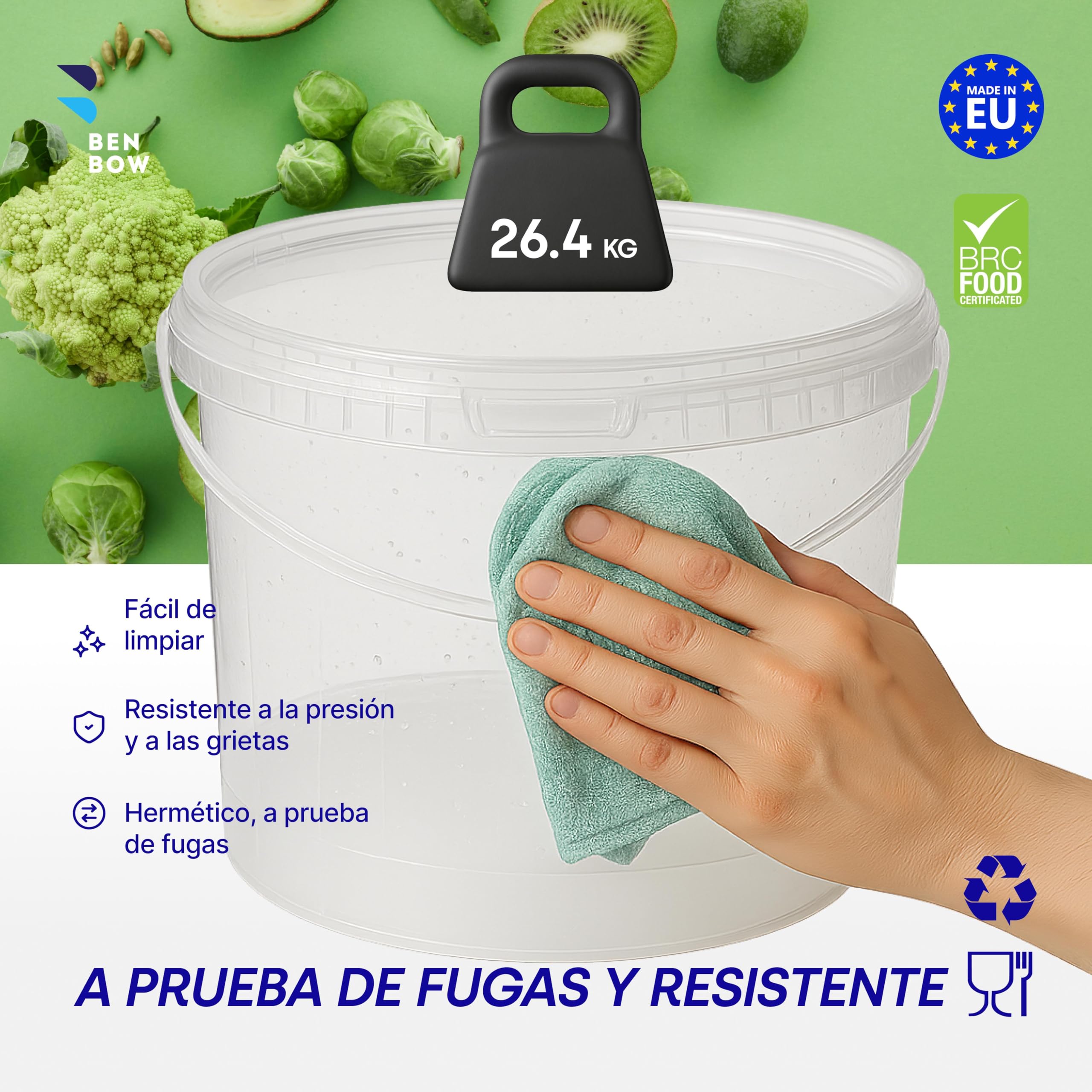 BenBow Cubo con Tapa 10l Transparente 20x 10 litros - Seguro para los Alimentos, Estable, hermético, contenedor de Almacenamiento de plástico, con asa - vacío