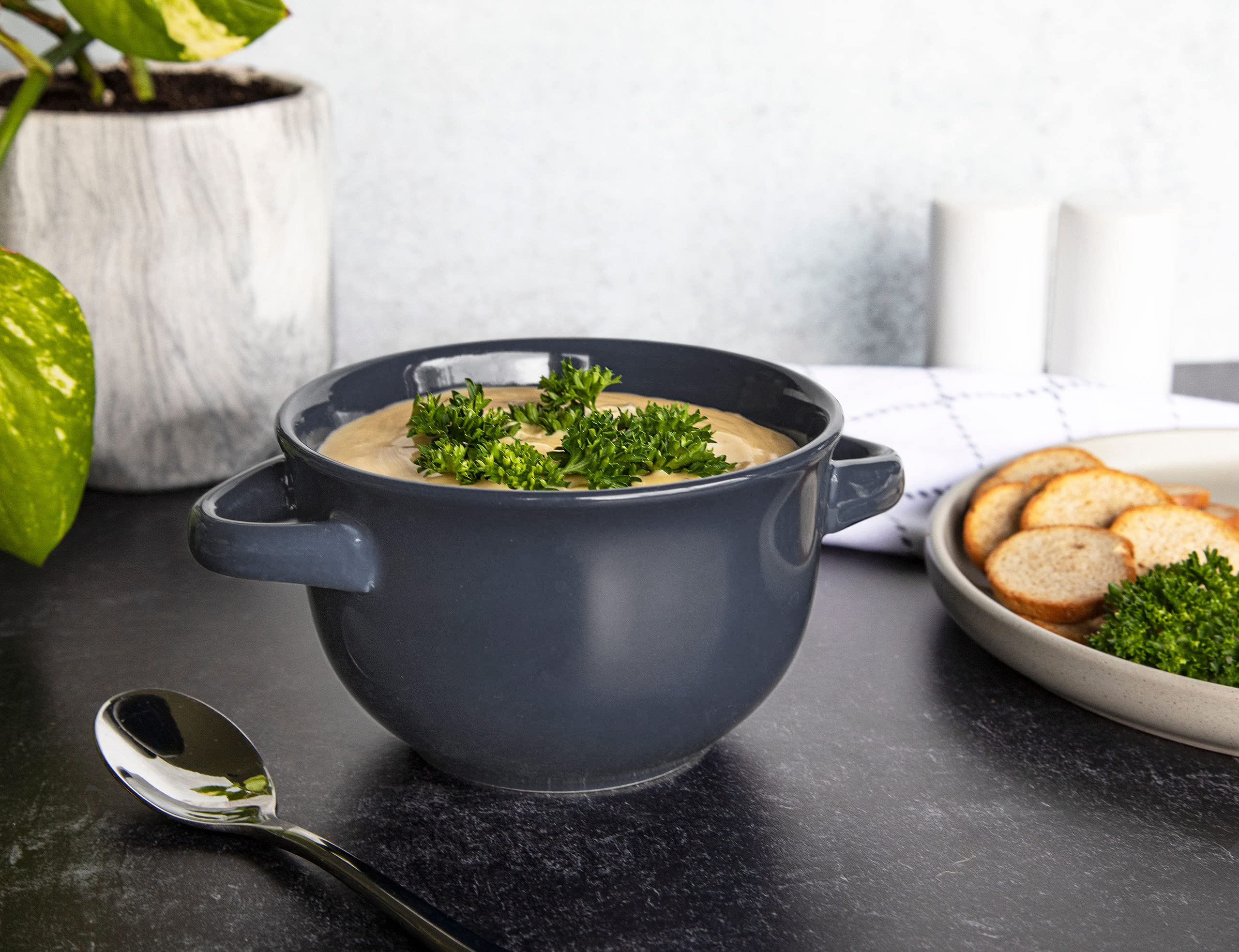 KooK French Onion Soup Crocks with Handles, Ceramic Bowls, for Rice, Dessert, Pasta, Dishwasher, Microwave, Oven & Broil Safe, Set of 4, 18 oz (Denim)