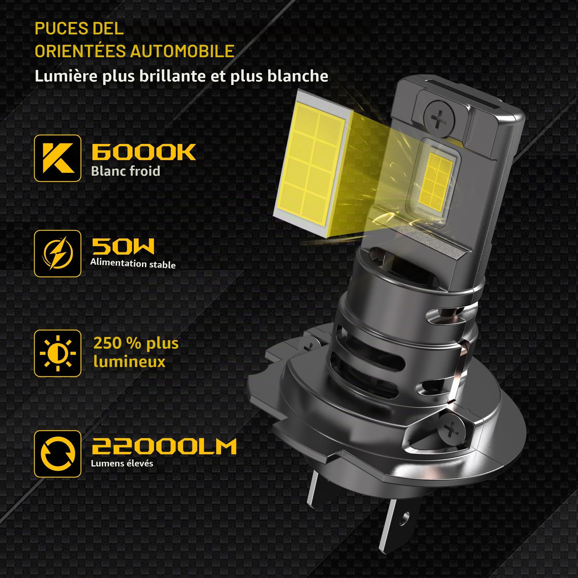 ampoules h7 led 22000lm, lampe de phare 12v pour voiture et moto, taille des halogènes 1:1, montage direct pour les feux de route ou croisement, 6000k blanc