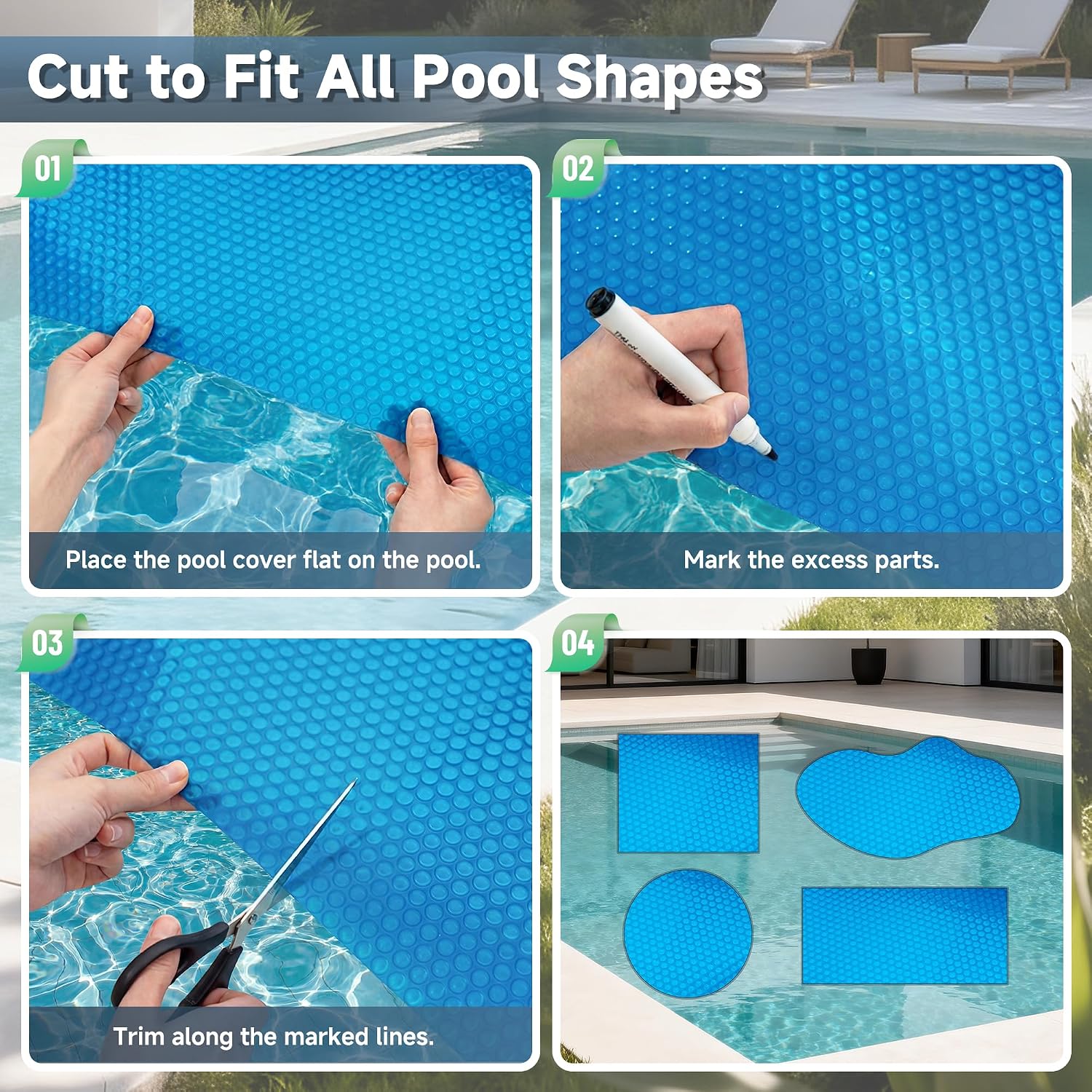 Real Relax Solar Pool Cover, 12 Mil Durable Solar Blanket for Inground & Above Ground Pools, 12x24 ft Rectangle Pool Heater Cover with Heat-Trapping Bubbles, Blue