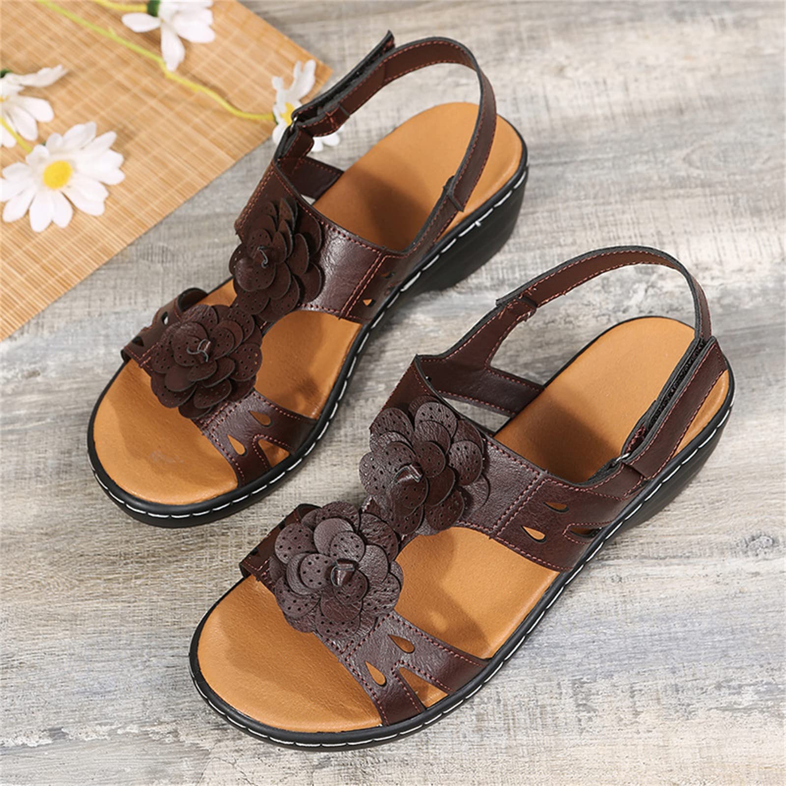 Doix Women's Dark Brown Platform Orthopedic Sandals With Arch Support Comfortable Floral Wedge Fish Mouth Sandals Retro Sport Sandals For Flat Feet Wide Fit Outdoor Beach Shoes,,Us9/Eu40