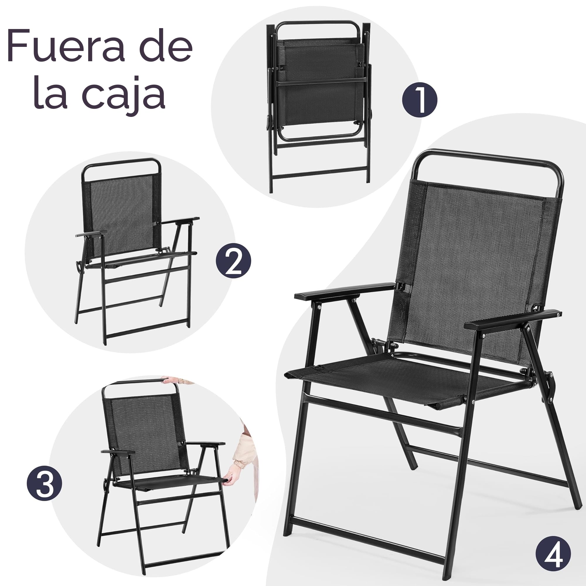 Yaheetech Juego de 4 Sillas Plegables para Exteriores Carga 100kg Negro | Poliéster Resistente 550g, Marco Metálico, Ergonómico,Plegado Ultraplano 88,5x58x5,5cm,para Terraza/Balcón/Camping/Comedor et