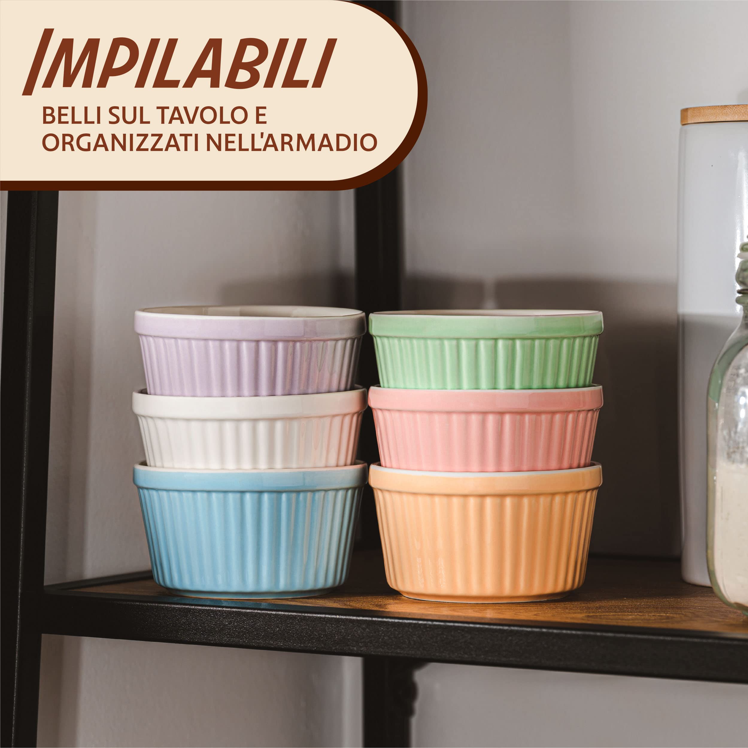 Praknu 6 Pirottini in Ceramica - Adatti per uso in Forno - 200 ml - ø 9 cm - Impilabili - Rivestimento Antiaderente - Imballaggio senza Plastica