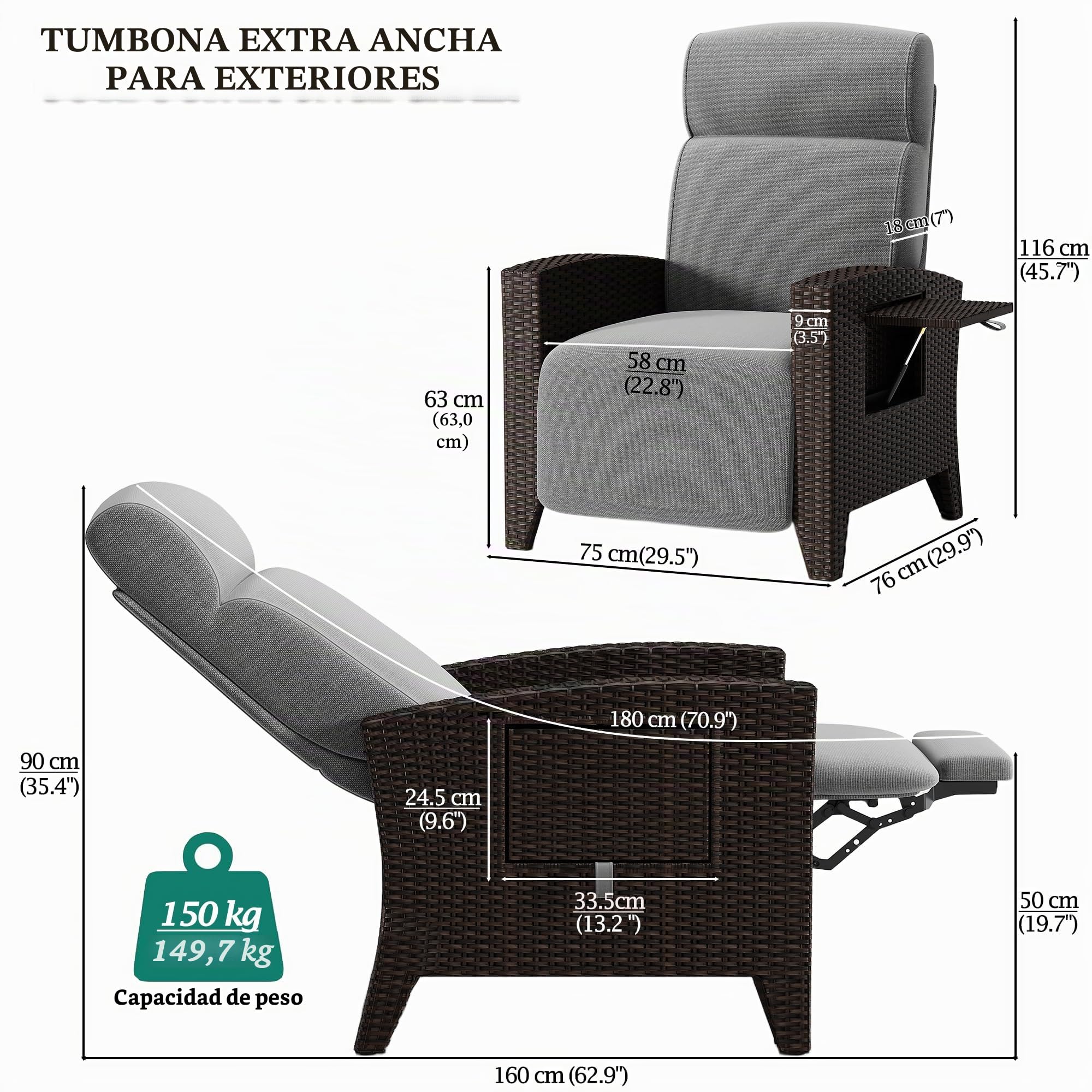 Fiutazge Set 2 Tumbona de Ratán con Respaldo Regulable,Sillon Relax Reclinable,Chaise Longue con Cojín y Funda Sillas Jardin,Tumbonas Jardin Exterior para Terraza Patio,Ratán Negro y Cojín Gris