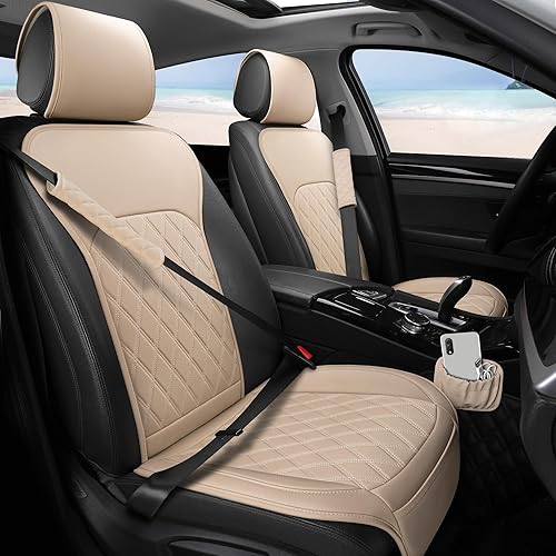 Miniatura 8 de Sanwom Fundas de asiento delantero de automóvil, fundas de asiento de cuero con bolsillo de almacenamiento y dos almohadillas para cinturón, fundas