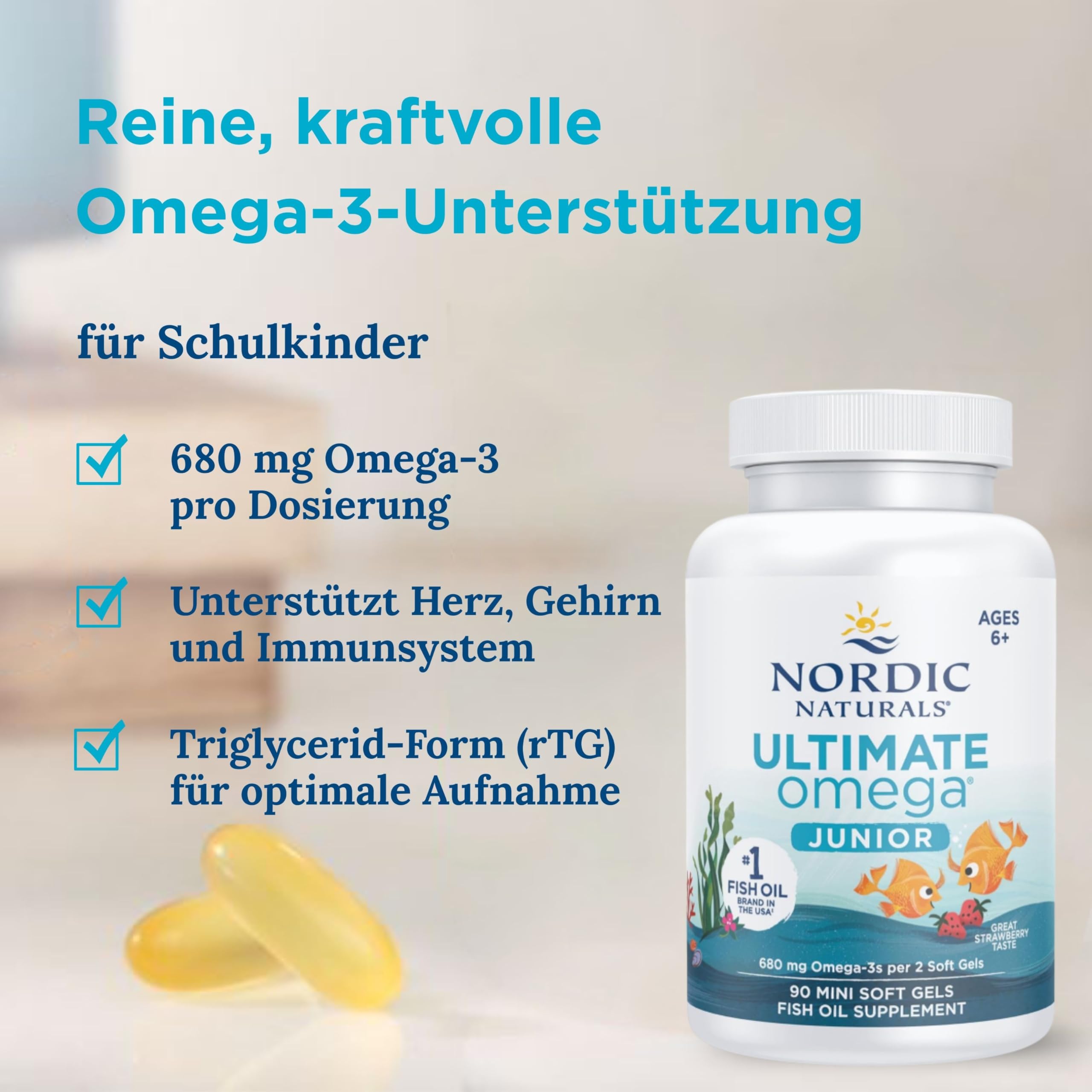 Nordic Naturals Ultimate Omega 3 JR, 680 mg Omega-3-Fischöl für Kinder, Erdbeergeschmack mit EPA und DHA, 90 Weichkapseln, laborgetestet, sojafrei, glutenfrei, natürlich leicht zu schlucken