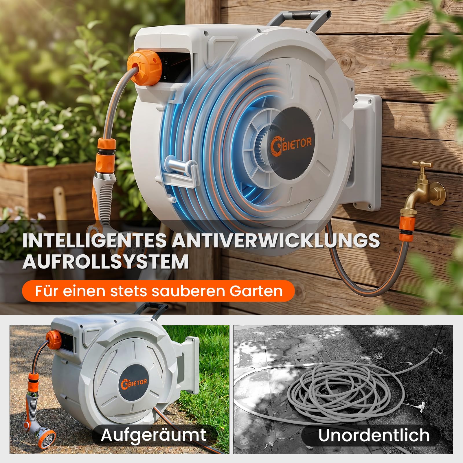 Schlauchtrommel Wasser 45m + 2m, 180° Schwenkbar Wand-Schlauchbox, Automatischer Gartenschlauch trommel mit 10-Funktionen Gartenbrause für Gießen Autowaschen