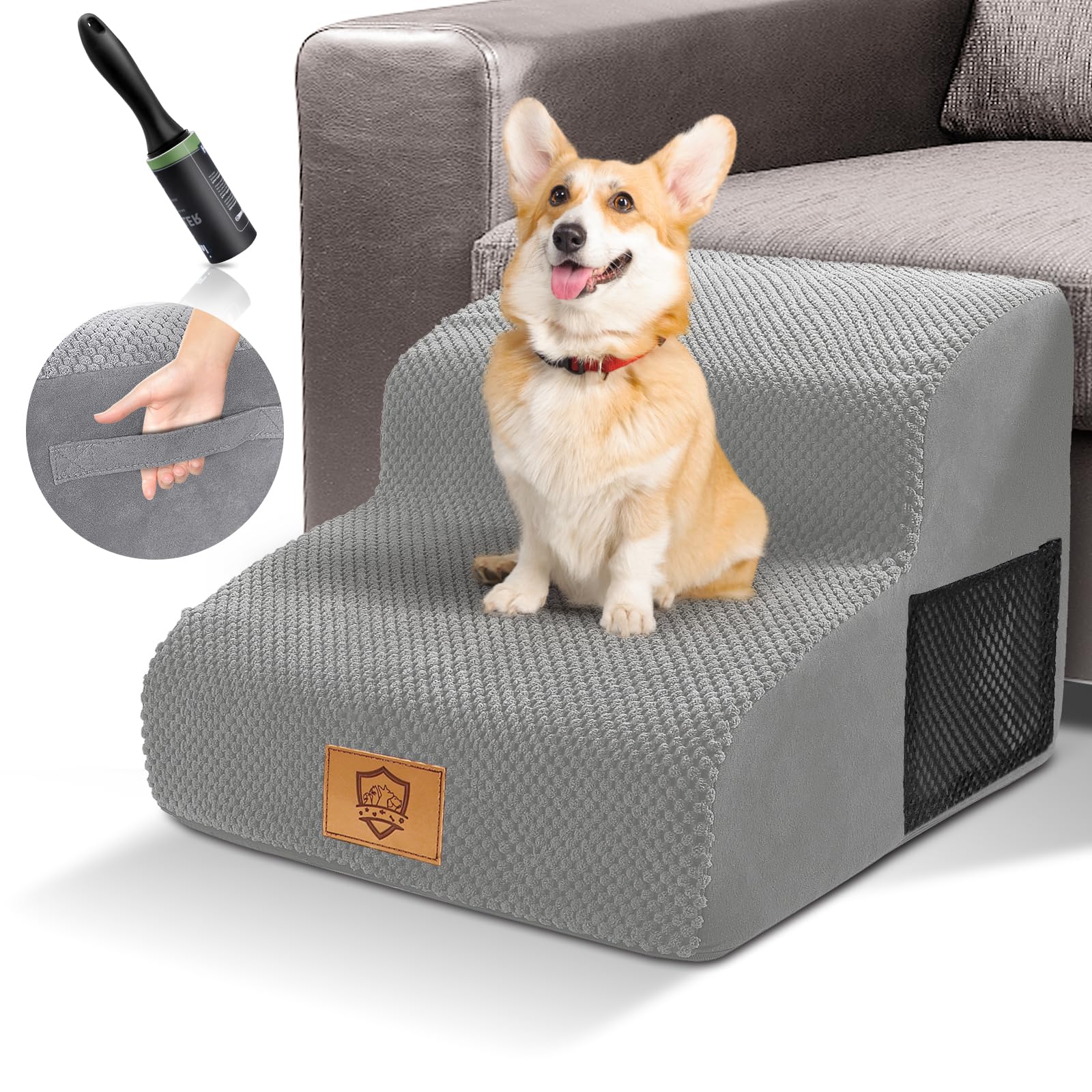HEVOL Escalera para Perros, Escaleras para Animales de Espuma 2 Escalones, Rampa para Perros con Funda Extraíble y Lavable, para Sofá o Cama, Enviar 1 Rodillo de Pelusa, Gris