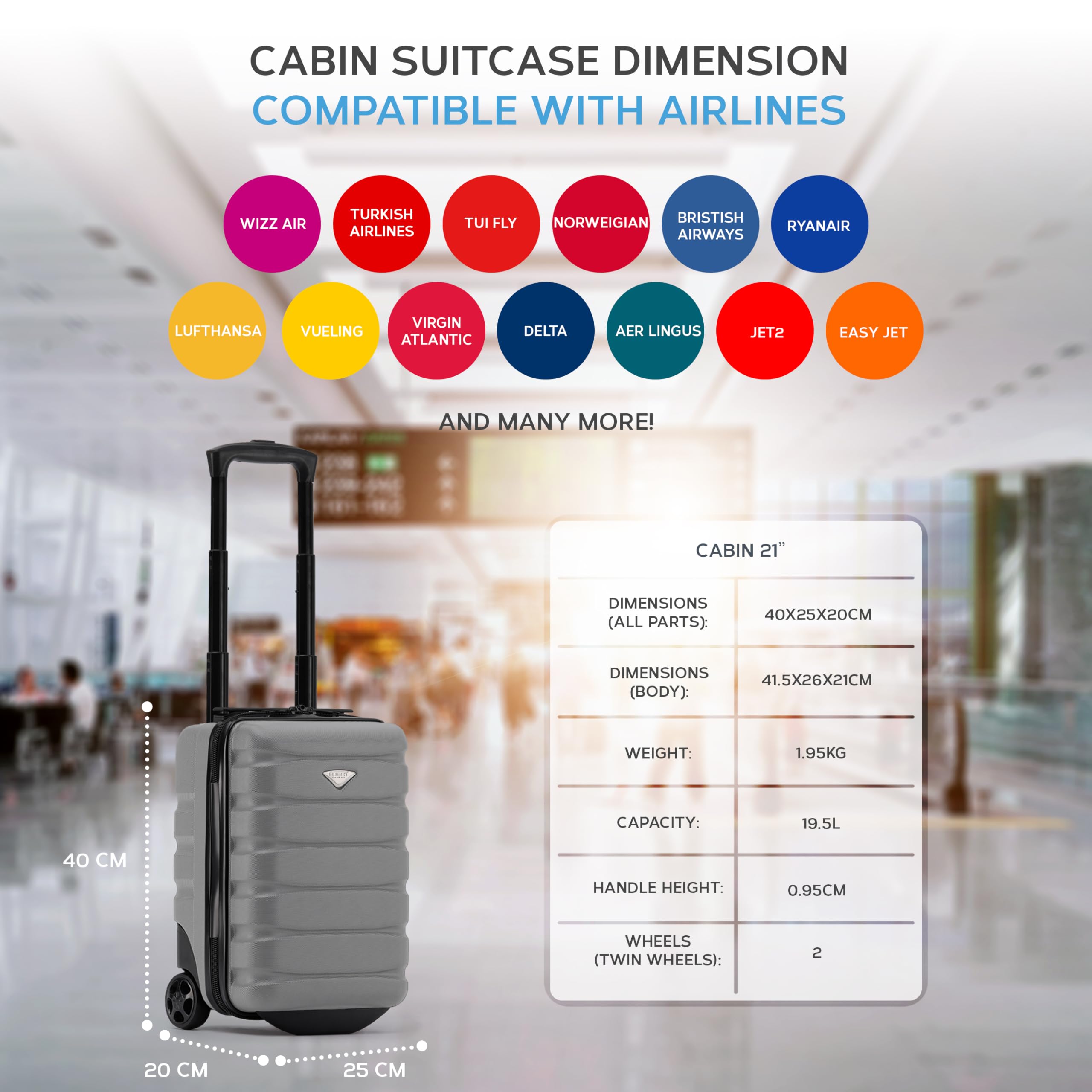Flight Knight Lightweight 2 Wheel ABS Hard Case Suitcases Cabin Carry On Hand Luggage Approved for Over 100 Airlines Including British Airways, easyJet & Maximum Size for Ryanair 40x20x25cm