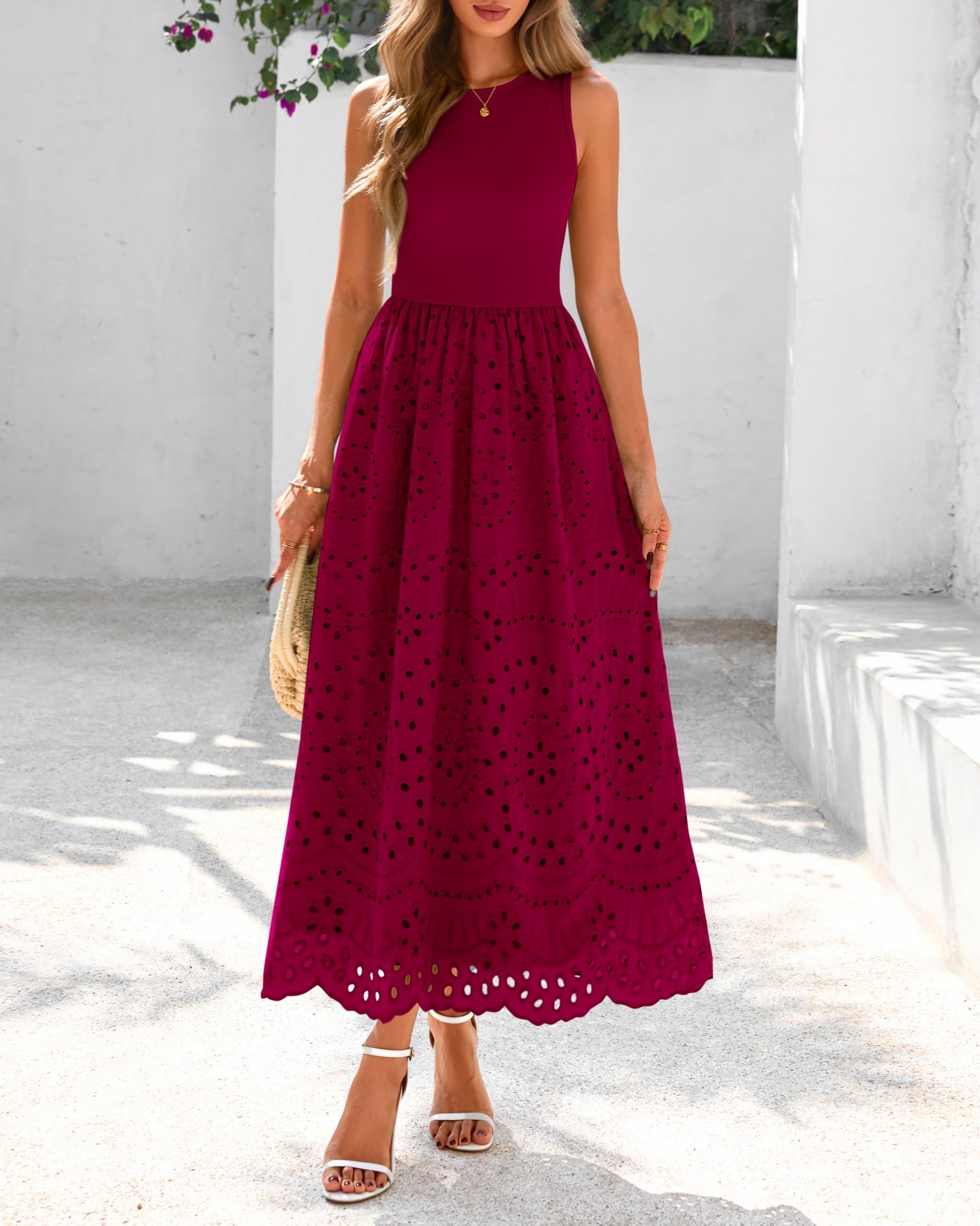 dowerme Abiti estivi da donna 2025 casual senza maniche girocollo A-Line Boho pizzo occhiello cotone canotta maxi abito con tasche