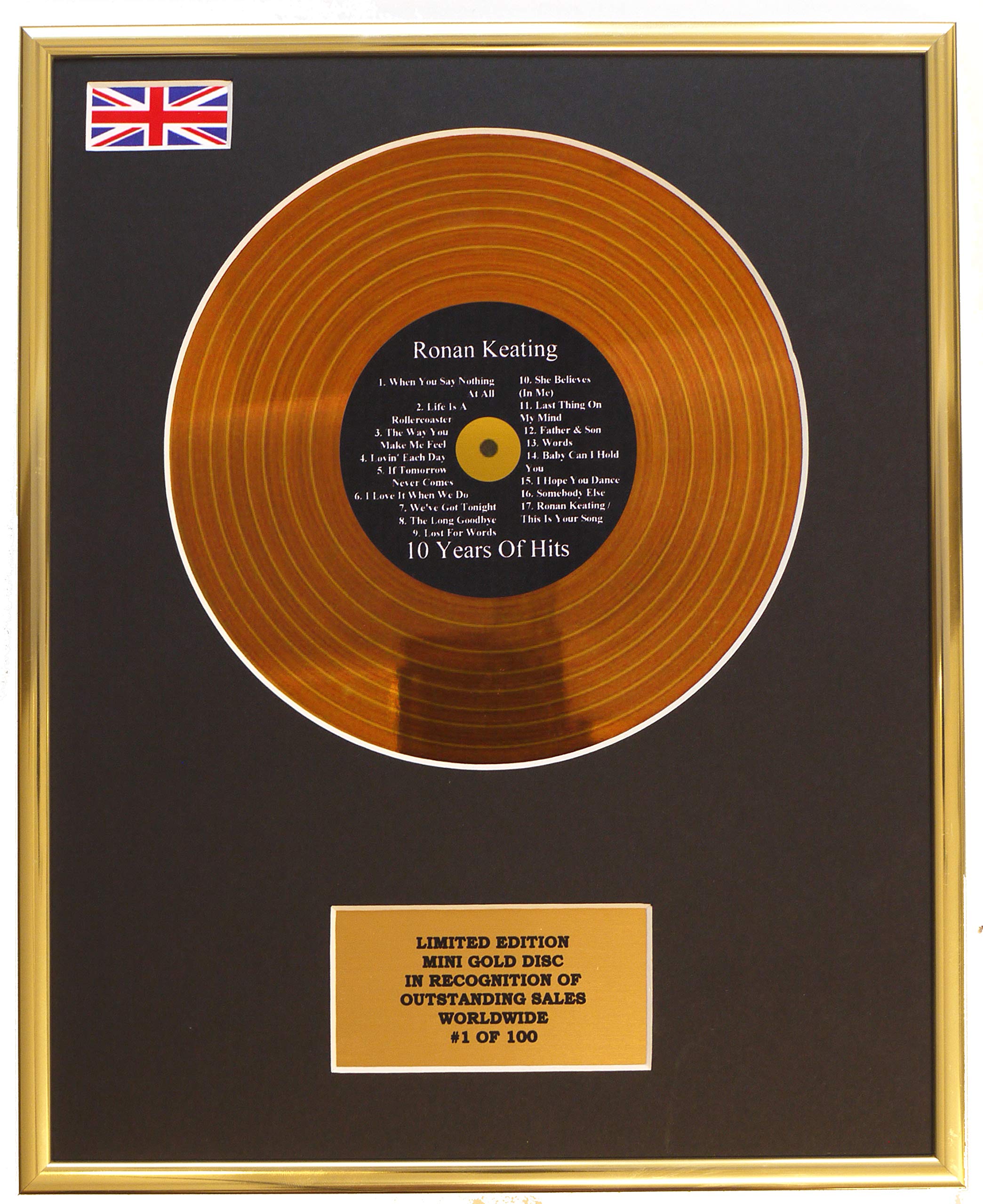 RONAN KEATING/MINI METAL GOLD DISC DISPLAY/LIMITED EDITION/COA/ 10 YEAR OF HITS