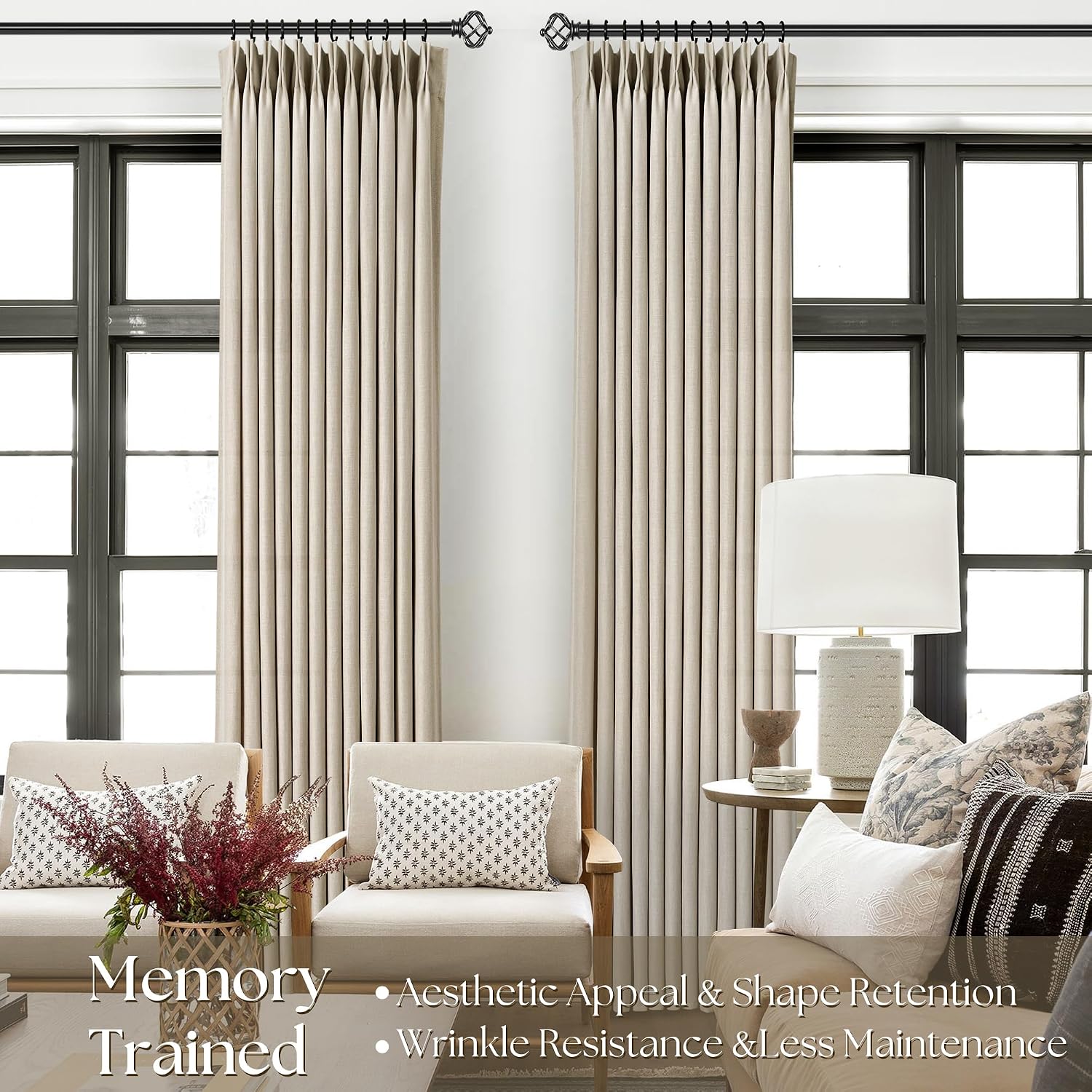 Taupe Linen Memory Trained Pinch Pleated Curtains 102 inch Long 2 Panels image 2
