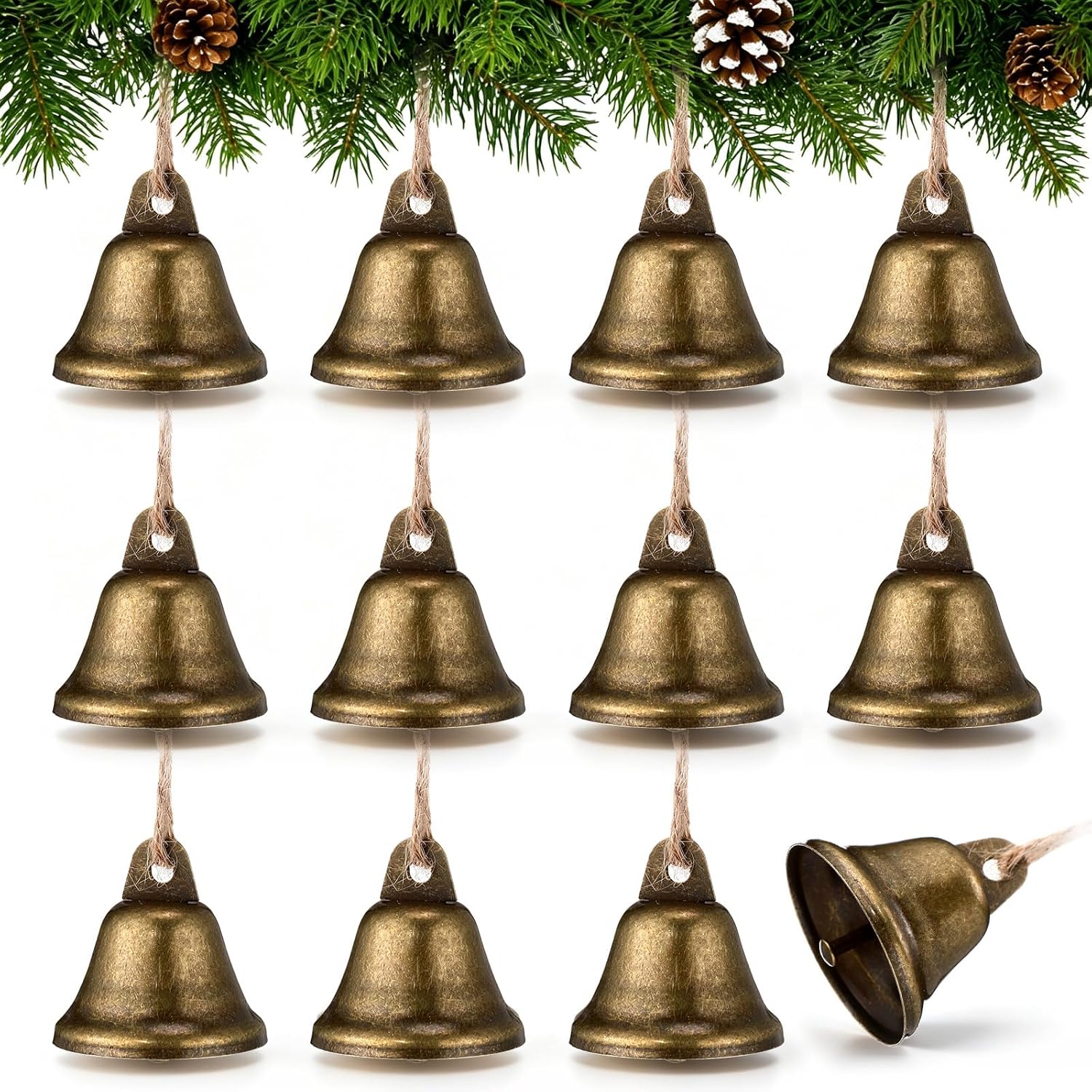 Frienda 12 Pcs Vintage Christmas Jingle Bell Ornaments with Jute Rope