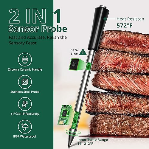 Miniatura 4 de Termómetro inalámbrico verde para carne, termómetro remoto Bluetooth de 500 pies con una elegante base deslizante en forma de onda, cocina portátil