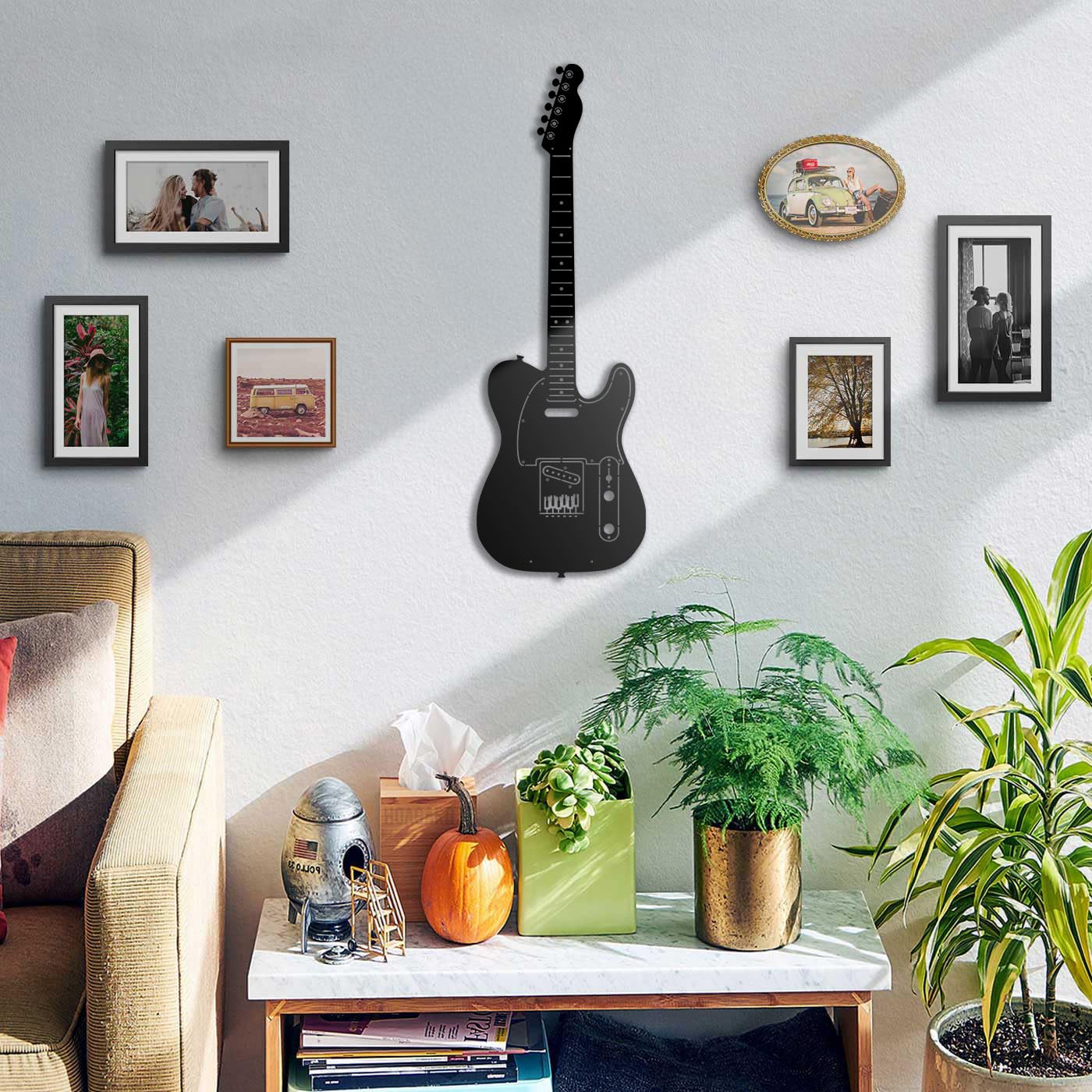 Ensemble d'art mural en métal avec silhouettes de guitare électrique emblématiques – Décoration de studio de musique rock classique et grotte d'homme – Noir (GT-01, 100 x 32 cm)