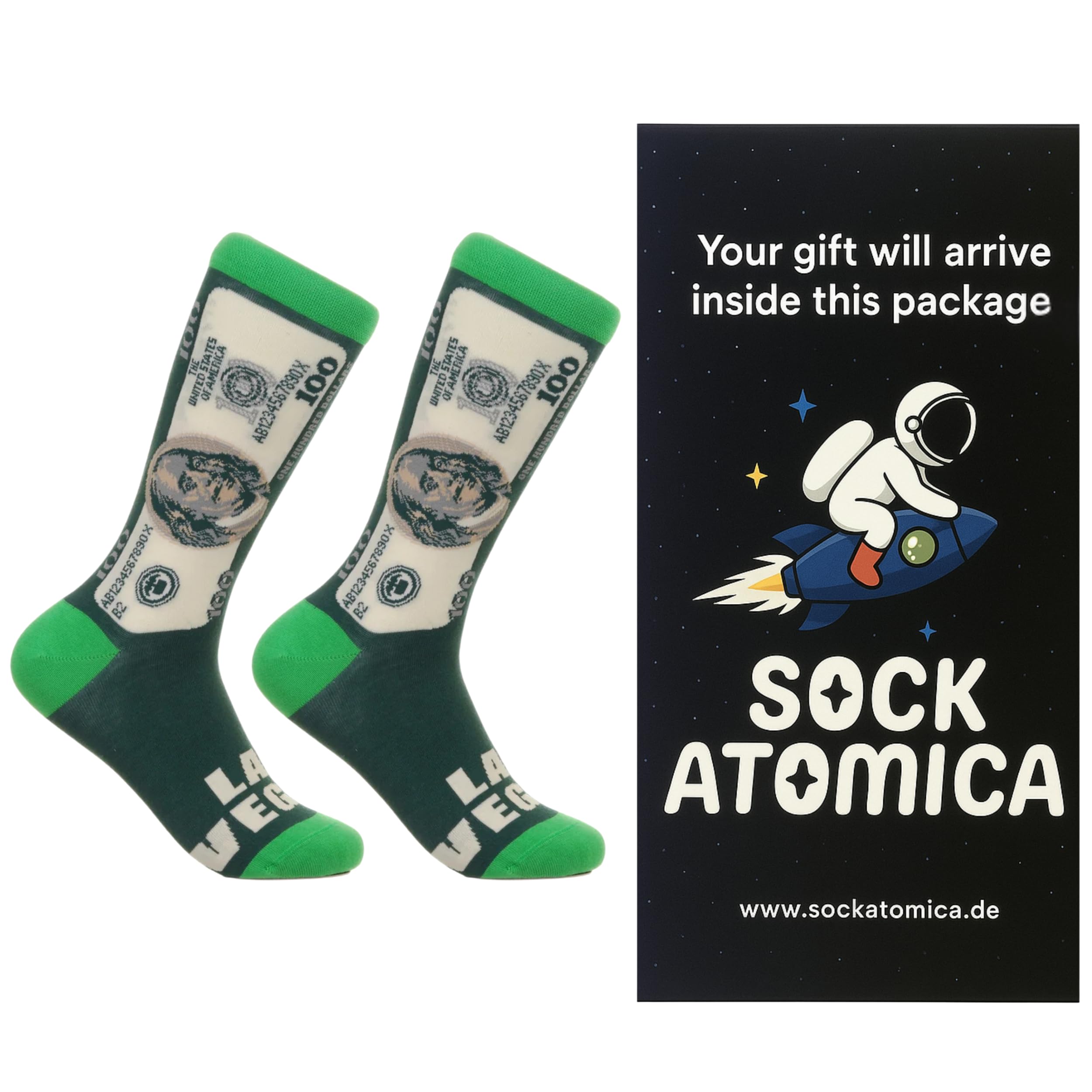 Sock Atomica Funny Novelty Colourful Cotton Crew Socks – Unisex Cool Design Gift Idea (UK 7-11 / EU 41-46, Hundred Dollar Bill)