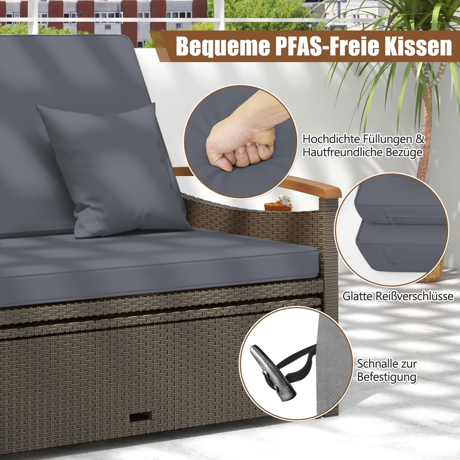 GIANTEX Lounge Möbel Outdoor, Outdoor Sofa, Gartensofa mit Liegefunktion, Garten Doppelliege Gartenliege 2 Personen, Gartenlounge Rattan, Balkon Lounge Sofa, Daybed Garten, Balkonsofa Kleiner Balkon