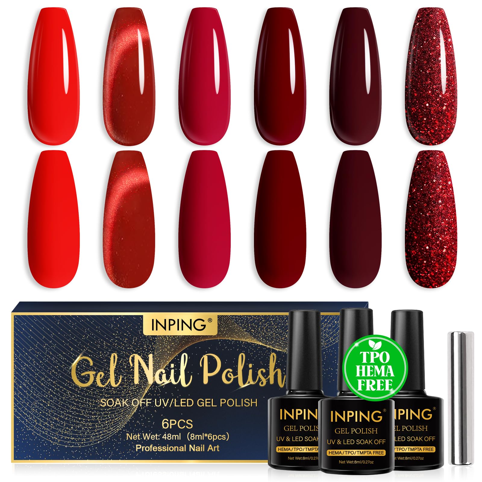 INPING Smalto Semipermante Unghie HEMA-FREE TPO-FREE, 6 Colori Cat Eye Rosso Bordeaux Rosso Glitter Series Smalti Semipermanenti per Unghie, Soak Off UV/LED Gel Unghie DIY Nail Art Set, 8 ML