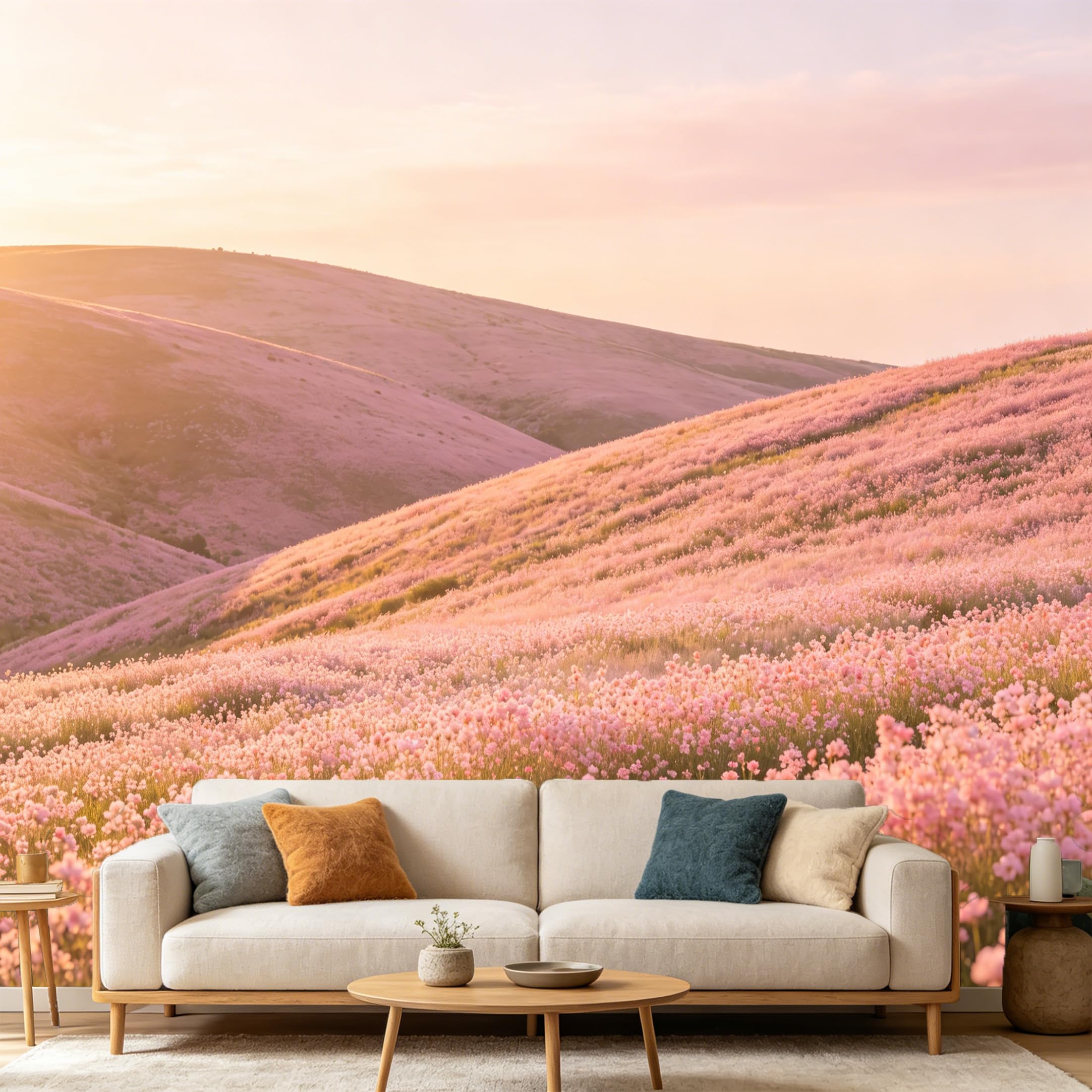 Custom Size Wall Mural Pink Flower Hill Landscape Soft Sunlight Meadow Scenery SelfAdhesive Art Prints wall Fabric（No PVC） Removable Wallpaper Home Bedroom Decor