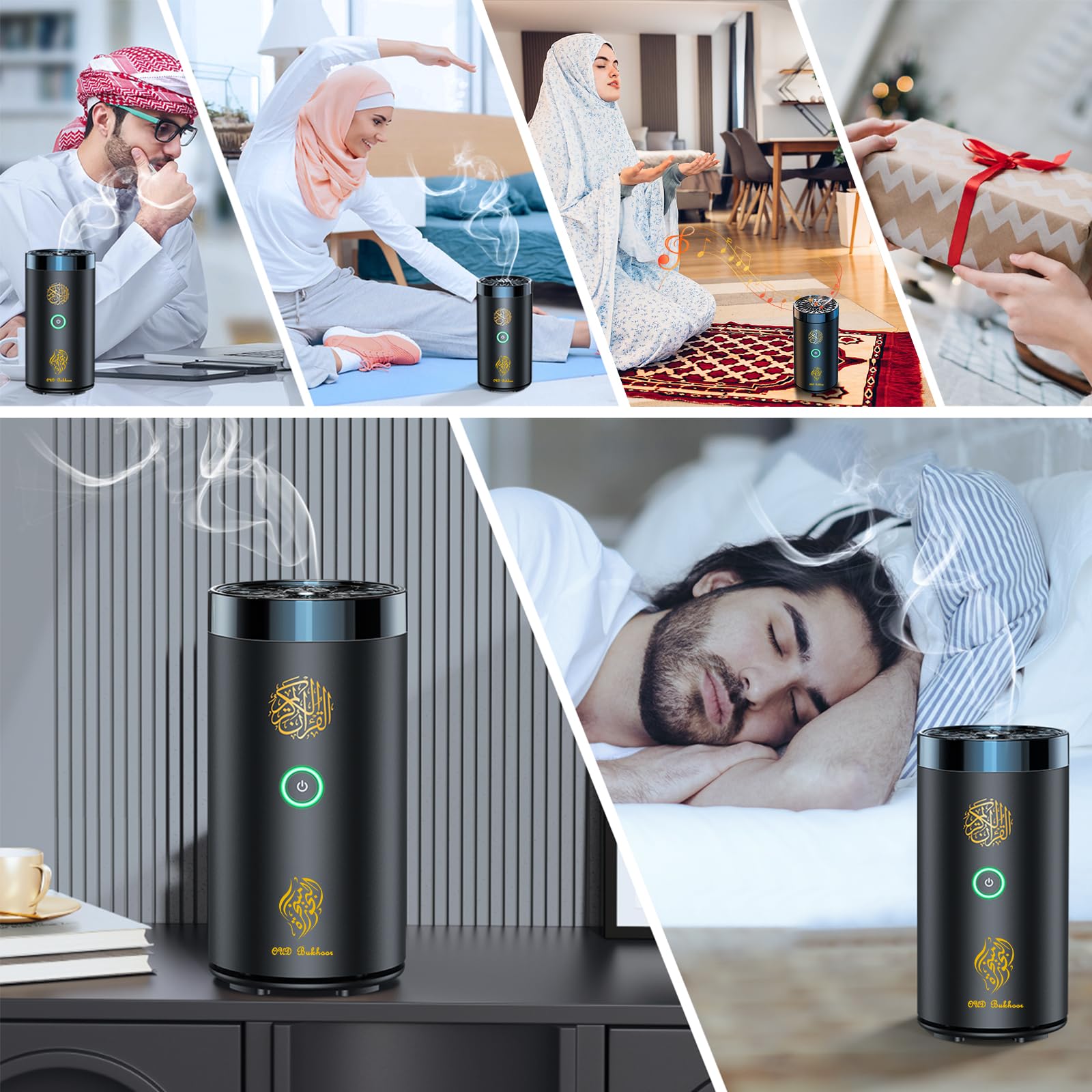Bruciatore di incenso elettrico 2 in 1 con altoparlante Corano, bruciatore Bakhoor ricaricabile, diffusore di aromi per auto, ufficio, casa, camera da letto, soggiorno, studio, spa (nero-2