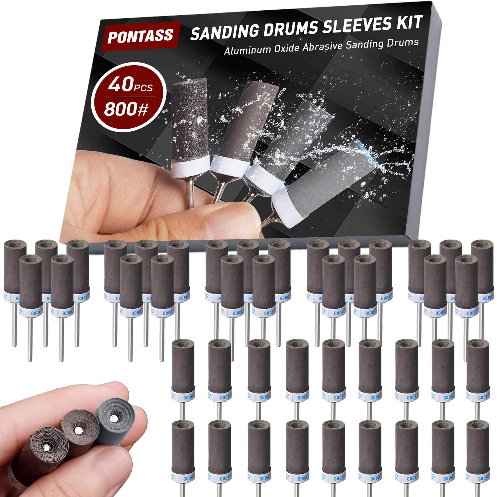 40Pcs Drum Sander Set for Dremel Rotary Tool, Sanding Band Drum Sleeves Set with 1/8"(3mm) Shank, 800 Grit Abrasive Grinding Polishing Rolls for Metal Edge, Stone, Wood Sandings