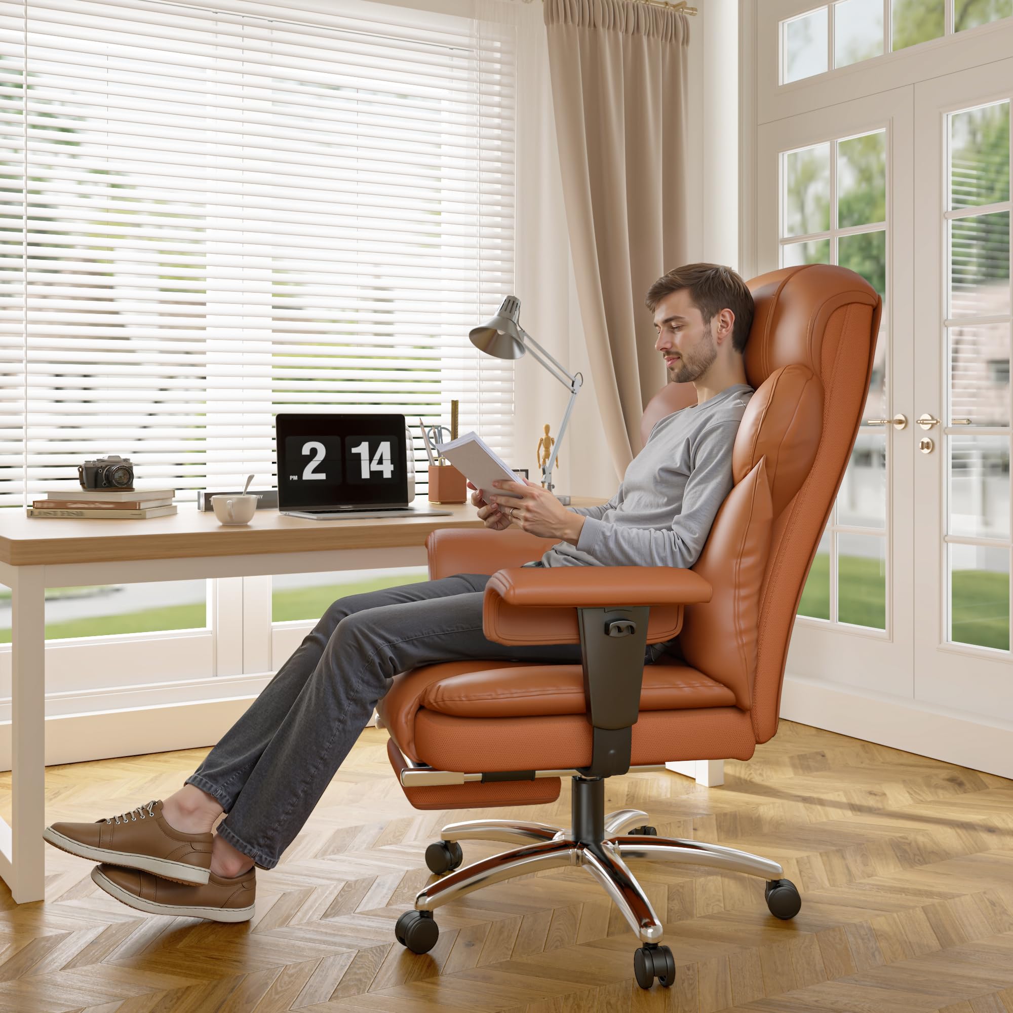 Office Chair with High Back,28.7" Deep Seat,Big and Tall Executive Leather Office Chair with Foot Rest & Arms,Wide Reclining Desk Chair Ergonomic with Lumbar Support for Home Office,Brown