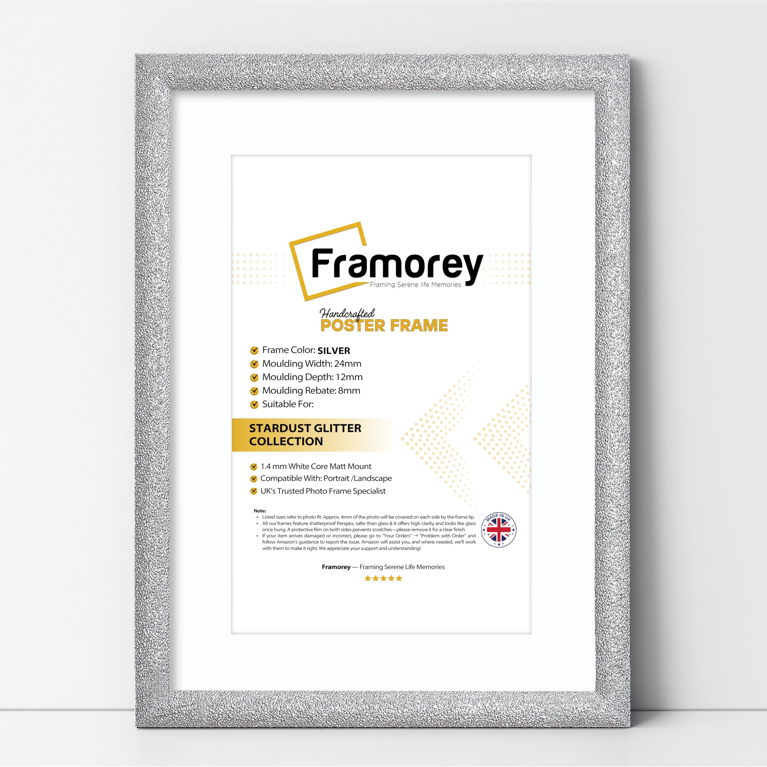 Framorey Framing Serene Life Memories Silver With White Mount Framorey Glitter Sparkle Picture Frame, 12X10" Size Silver Photo Frame With 9X6" Size White Mount, Wall Hanging Oxford Poster Frames