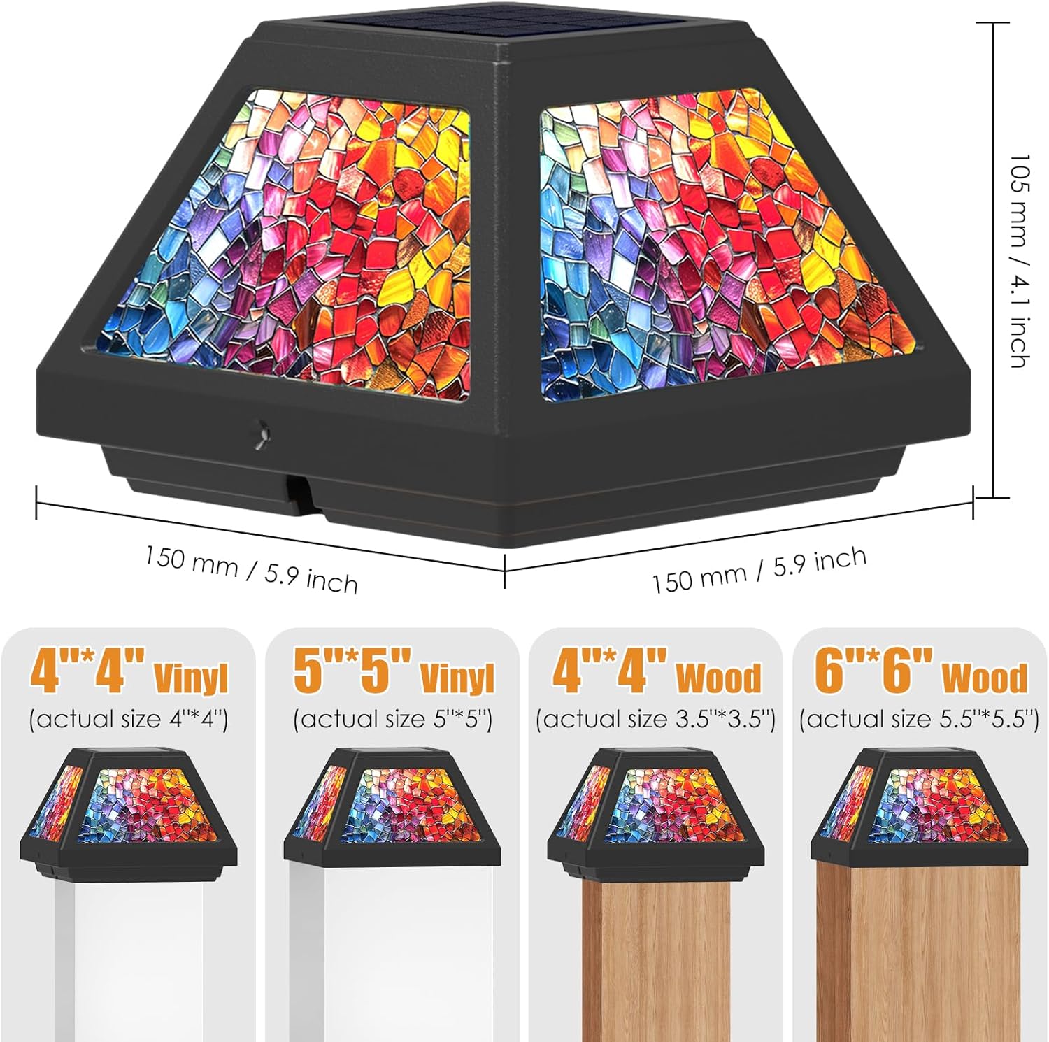 Solar Post Cap Lights - 4x4, 5x5, 6x6 Fence Post Solar Lights, Daffodils Lampshade, 15LM Bright LED, IP65 Waterproof Outdoor Post Lights for Garden, Yard, Deck, Warm White (Mosaic, 4)