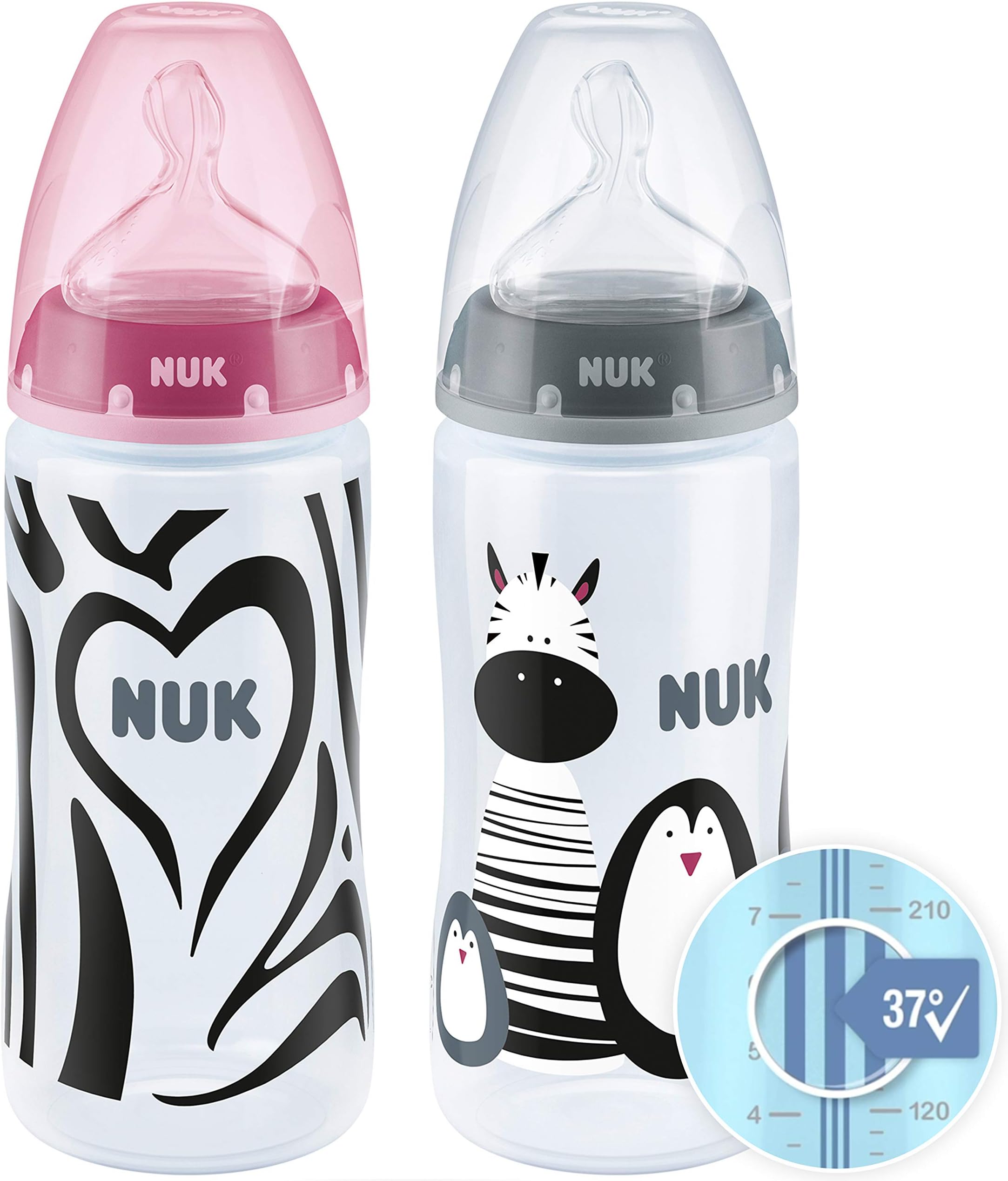NUK First Choice+ Baby Bottles Set | 0-6 Months | Temperature Control | 300 ml | Anti Colic Vent | Silicone Teat | BPA-Free | 2 Count | Monochrome Animals (Pink and Grey)