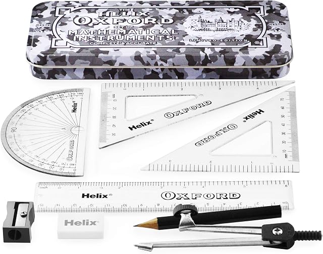 Helix Oxford Camo Maths Set - 9 Piece Set - Set Squares, Protractor, Ruler, Eraser, Sharpener, Compass and Pencil - Limited Edition