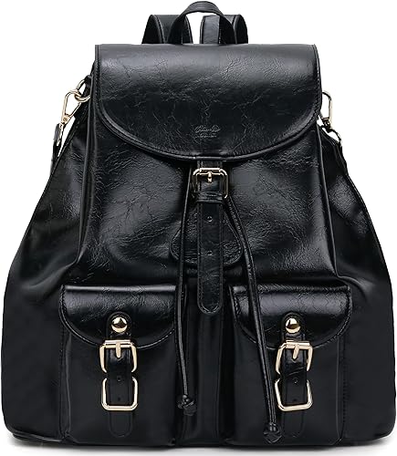 Chillo - Mochila grande de cuero vegano para mujer, diseño multiusos, con cordón, Negro -, Mochilas de mochila