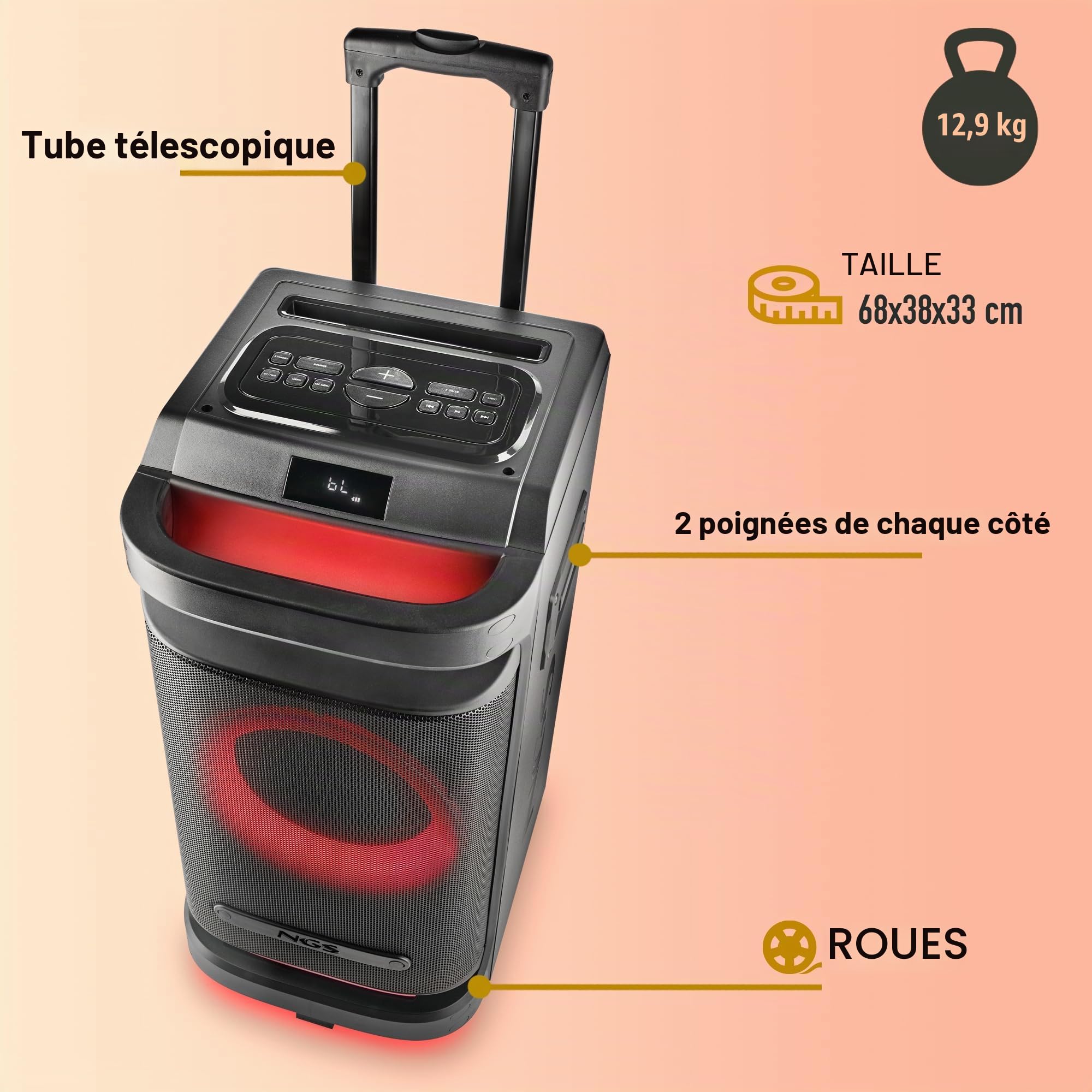 NGS Wild Space 1 – Haut-Parleur Portable Bluetooth 5.3 pour fêtes, 900 W, Caisson de Basses 10", lumières LED RGB, TWS, karaoké, Batterie 6H, Roues et poignée, Noir