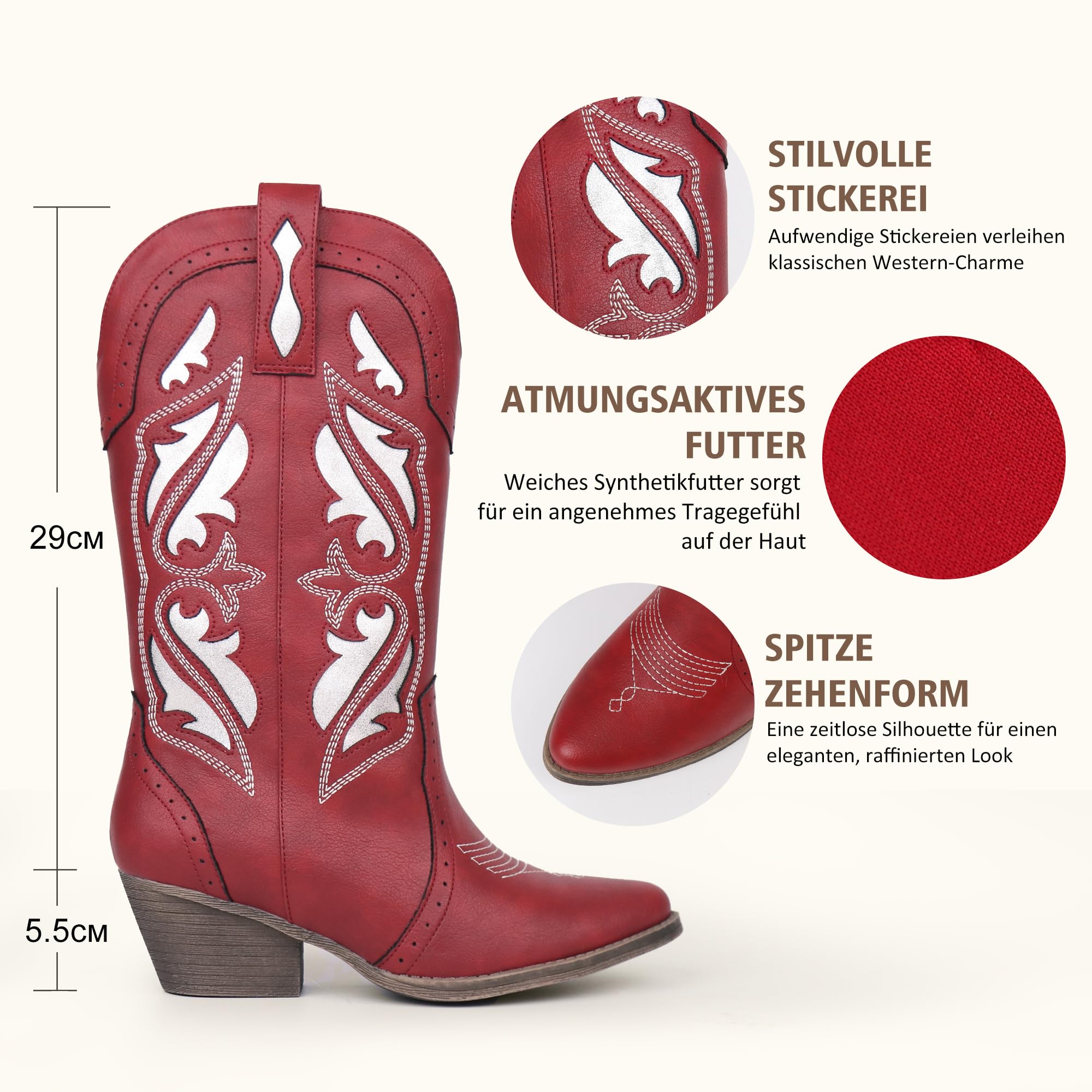 Hawkwell Damen Westernstiefel | Cowboystiefel mit Stickereien & Nähten, Schlupfdesign, Wadenlang, Spitze Zehen, Blockabsatz (Größe 36-42)