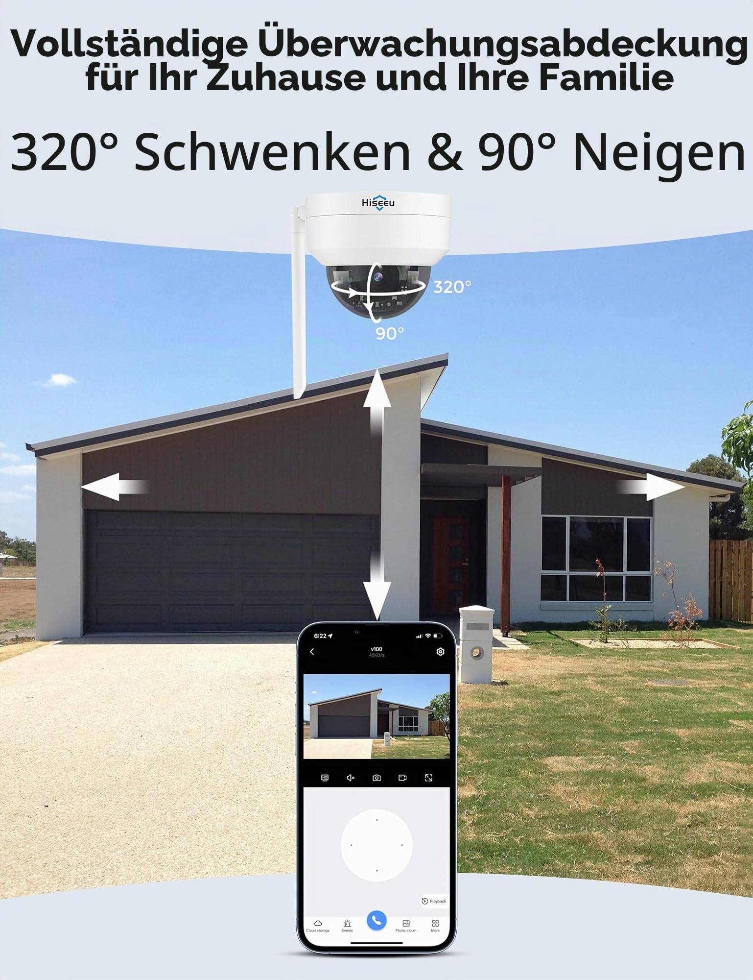 Hiseeu 5MP Überwachungskamera Aussen WLAN, 360° Rundblick kabelloses Kamera Outdoor mit Farbnachtsicht, 2-Wege-Audio, IP66 wasserdicht, Cloud- und SD-Kartenspeicher