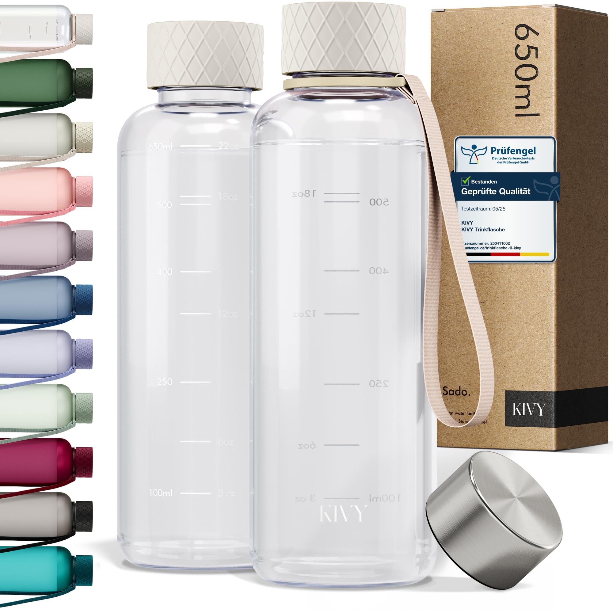 KIVY Trinkflasche 650ml [BPA FREI] Auslaufsicher & Spülmaschinenfest - Wasserflasche für Kinder & Erwachsene - Water Bottle Small - Trinkflasche Klein - Tritan Flasche für Kohlensäure geeignet
