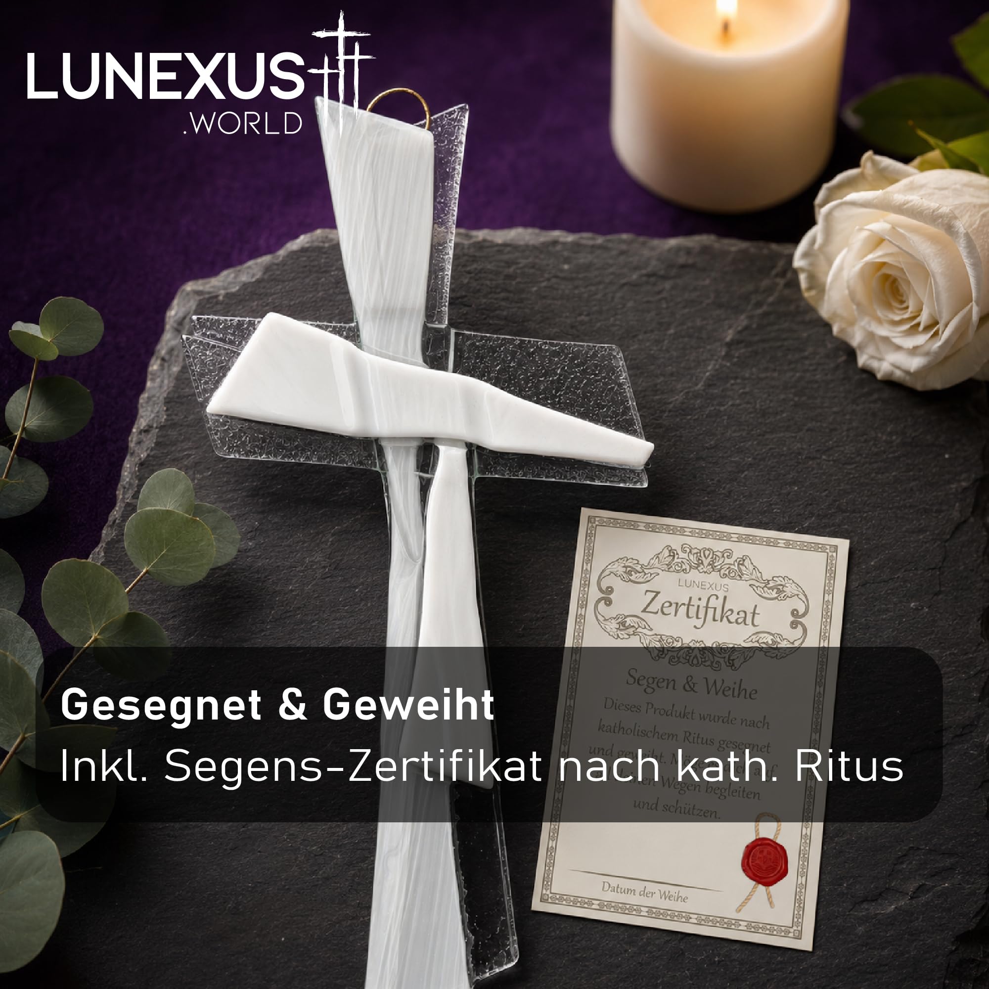 Lunexus Croix en verre blanc transparent 27 x 12 cm Cadeau de baptême communion confirmation Croix murale blanche faite à la main Allemagne certificat bénédiction