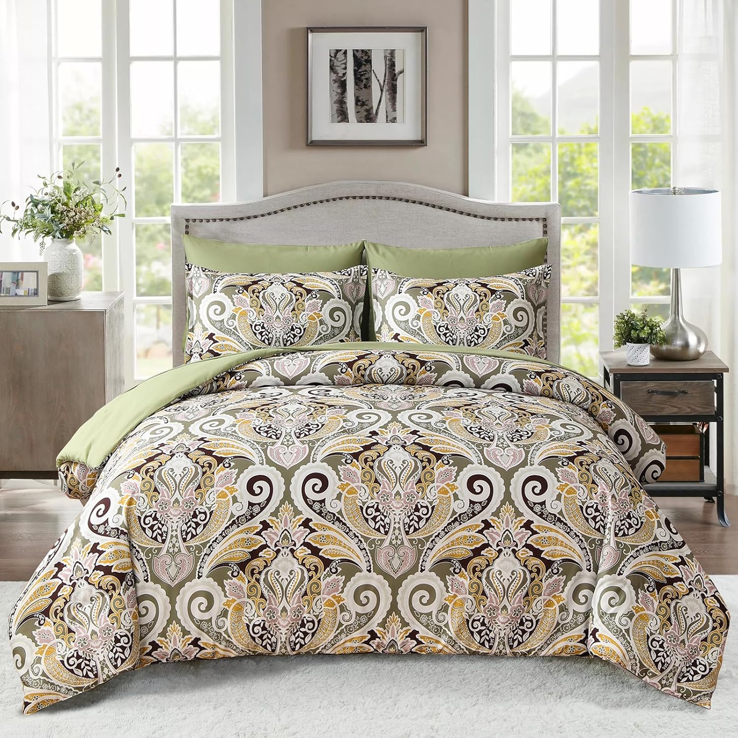 Yiran Sage Green Paisley Comforter Set King 7 Pieces Bed in a Bag Boho Comforter Lightweight Microfiber Bedding Set (1 Comforter, 1 Flat Sheet, 1 Fitted Sheet, 2 Pillowcases, 2 Pillow Shams)