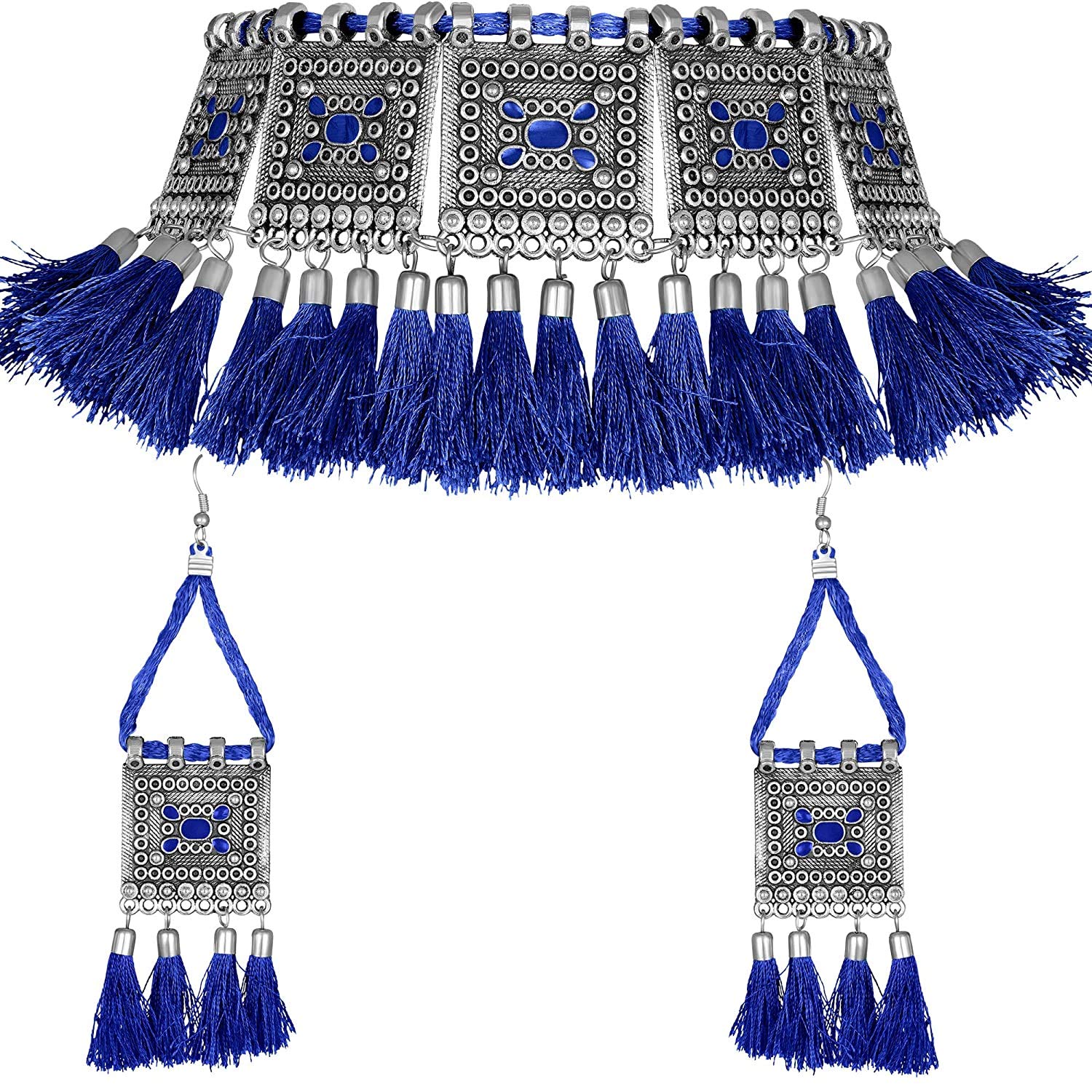 Total Fashion Silk Thread Oxidised German Silver and Choker Necklace Set for Girls & Women (Blue) (B08BY1531Q) Amazon Price History, Amazon Price Tracker