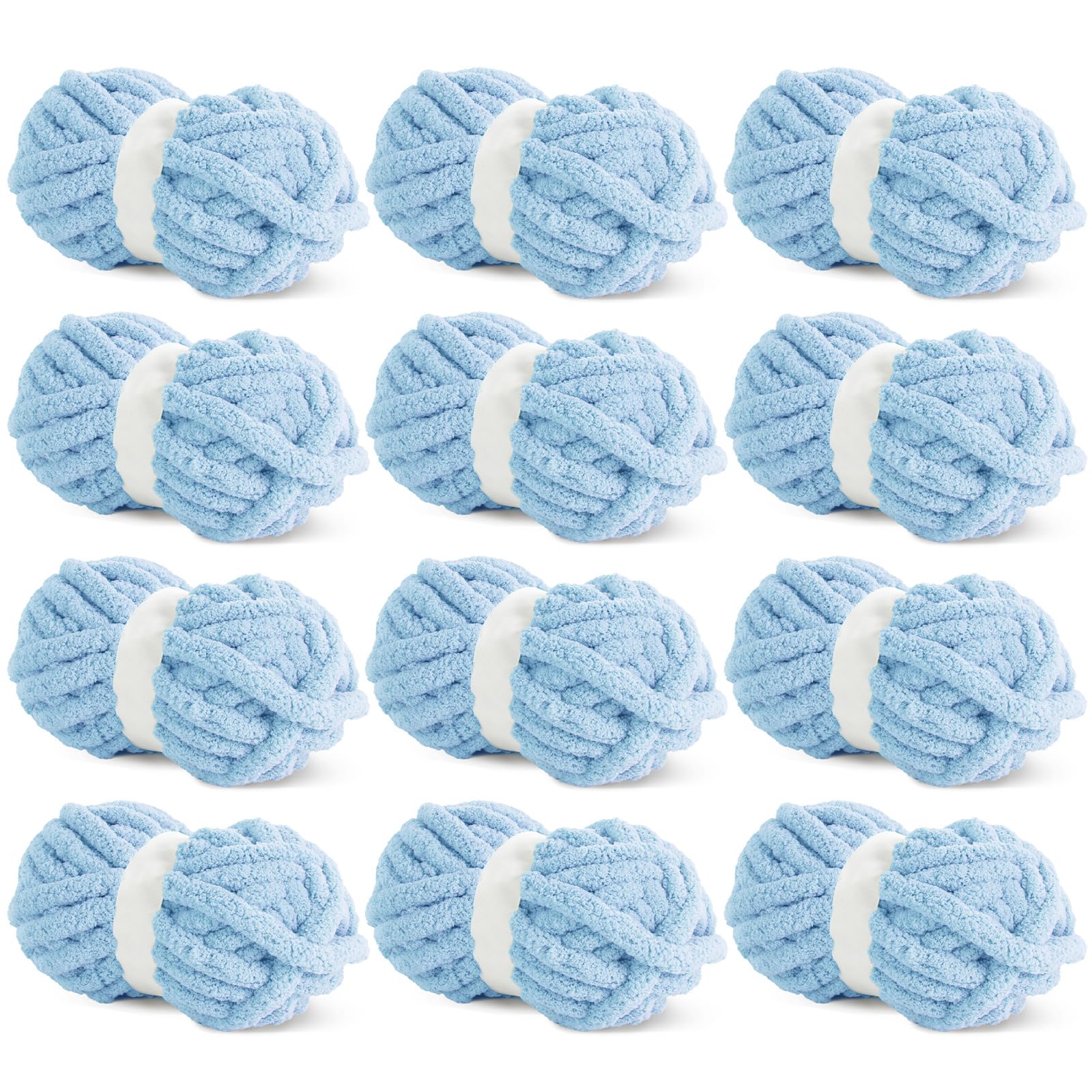 HOMBYS Pack of 12 Balls of Thick and Fluffy Chenille Yarn for Hand Knitting, Soft Plush Yarn, Sky Blue for Crochet, 226.8 g per Skein, Sky Blue — image 1