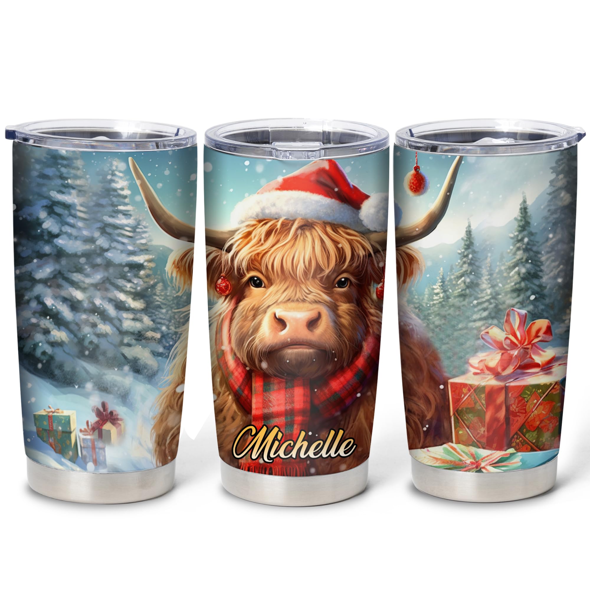 Hyturtle Personalized Gifts Highland Cow Lover - Highland Cow With Santa Hat Custom Name Stainless Steel Tumbler 20oz With Lid - Cute Farm Animal Lover Gifts For Women, Girl On Birthday, Christmas