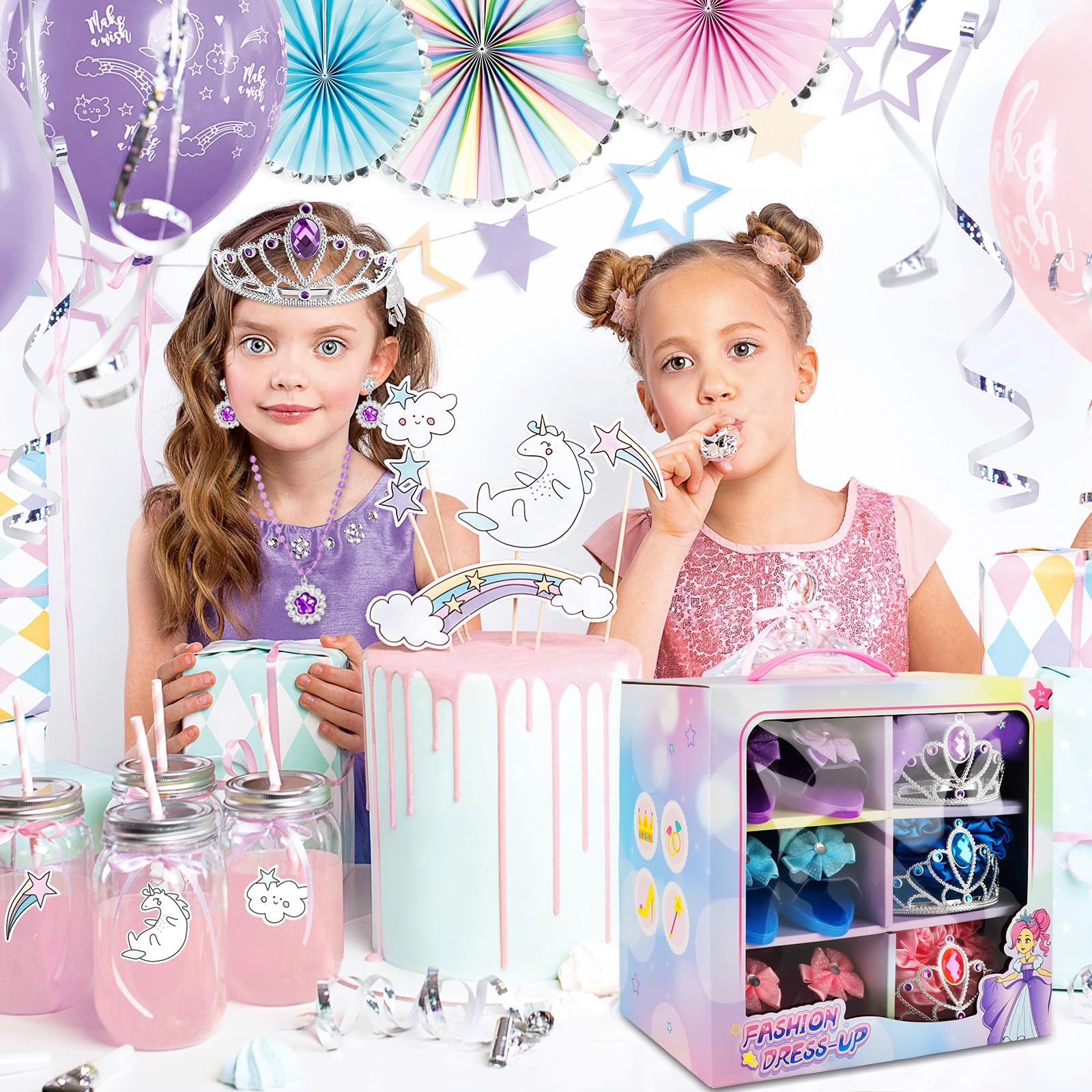 Fille Robe Princesse avec 3 Paires Chaussures Talon Enfant, 3 Jupes, Couronne, Collier, Cadeaux Halloween Noël