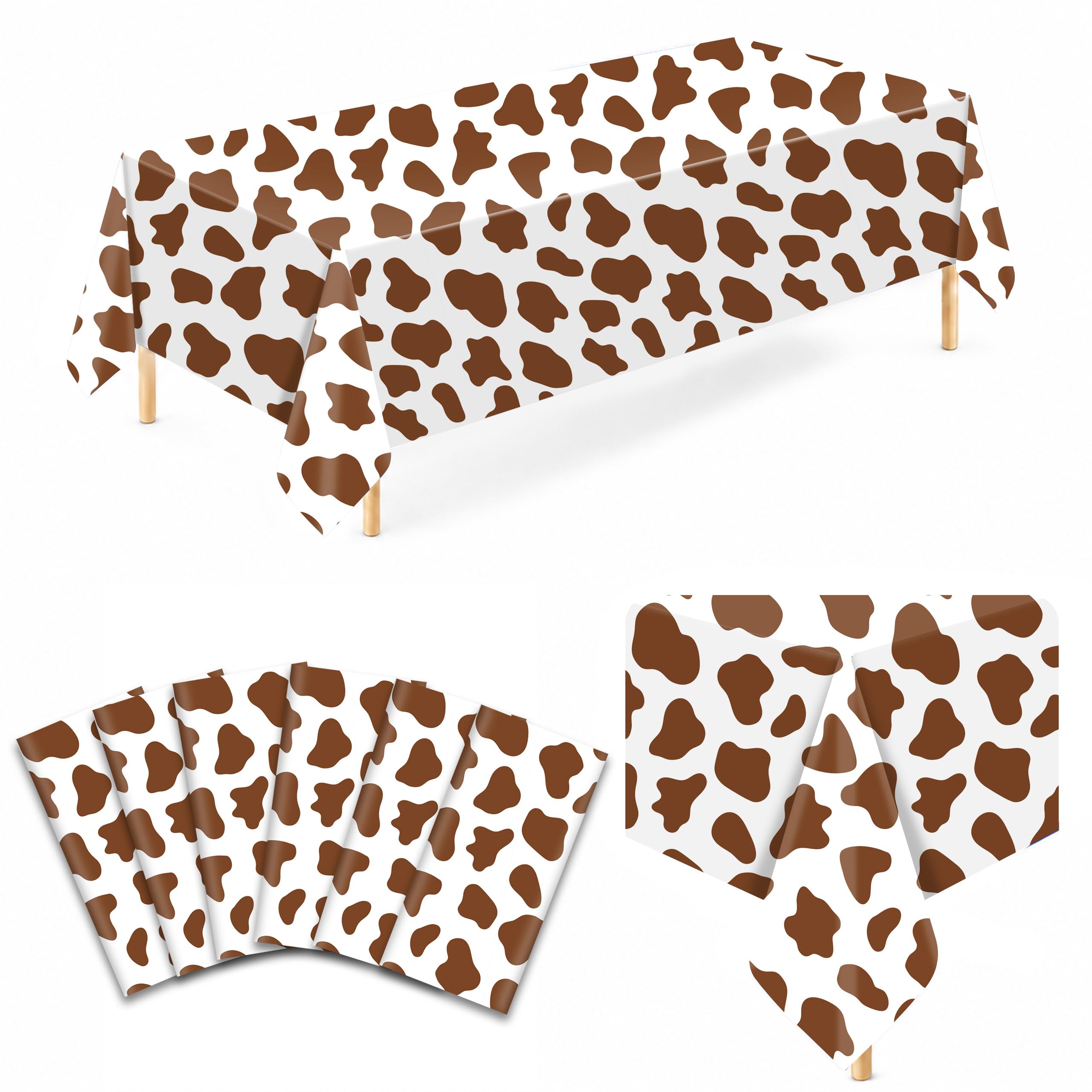 6 Pack Brown Cow Print Plastic Tablecloths, 54 x 108 Inch Table Covers