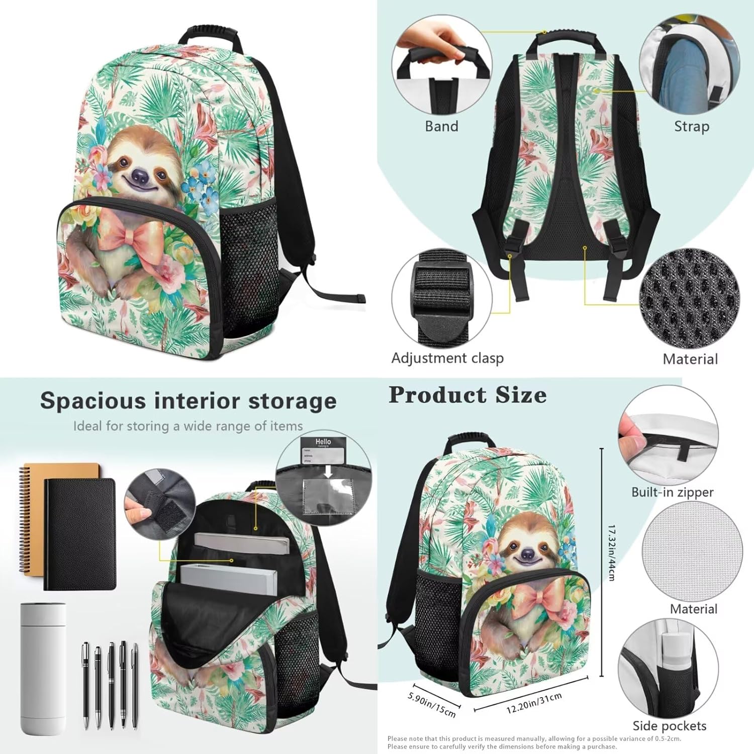 Sloth Print Backpack for Middle School Girls with Lunchbox Boys School Bag Monstera Floral Print Bookbag and Lunch Bag Set Pencil Case Water Bottle Holder Rucksack 4 In 1